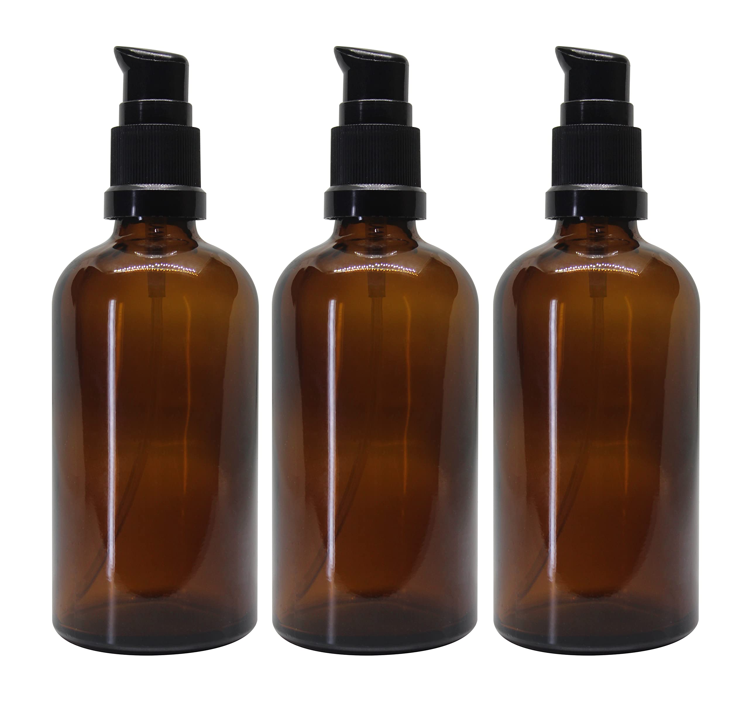NSB Herbals 100ml Amber Round Empty Glass Bottle with Lotion Pump & Black Cap - Essential Oil Storage, DIY Skincare, Cosmetic Containers, Multipurpose Bottles (Pack of 3) - Perfect for Aromatherapy, Homemade Lotions & Travel-Sized Products