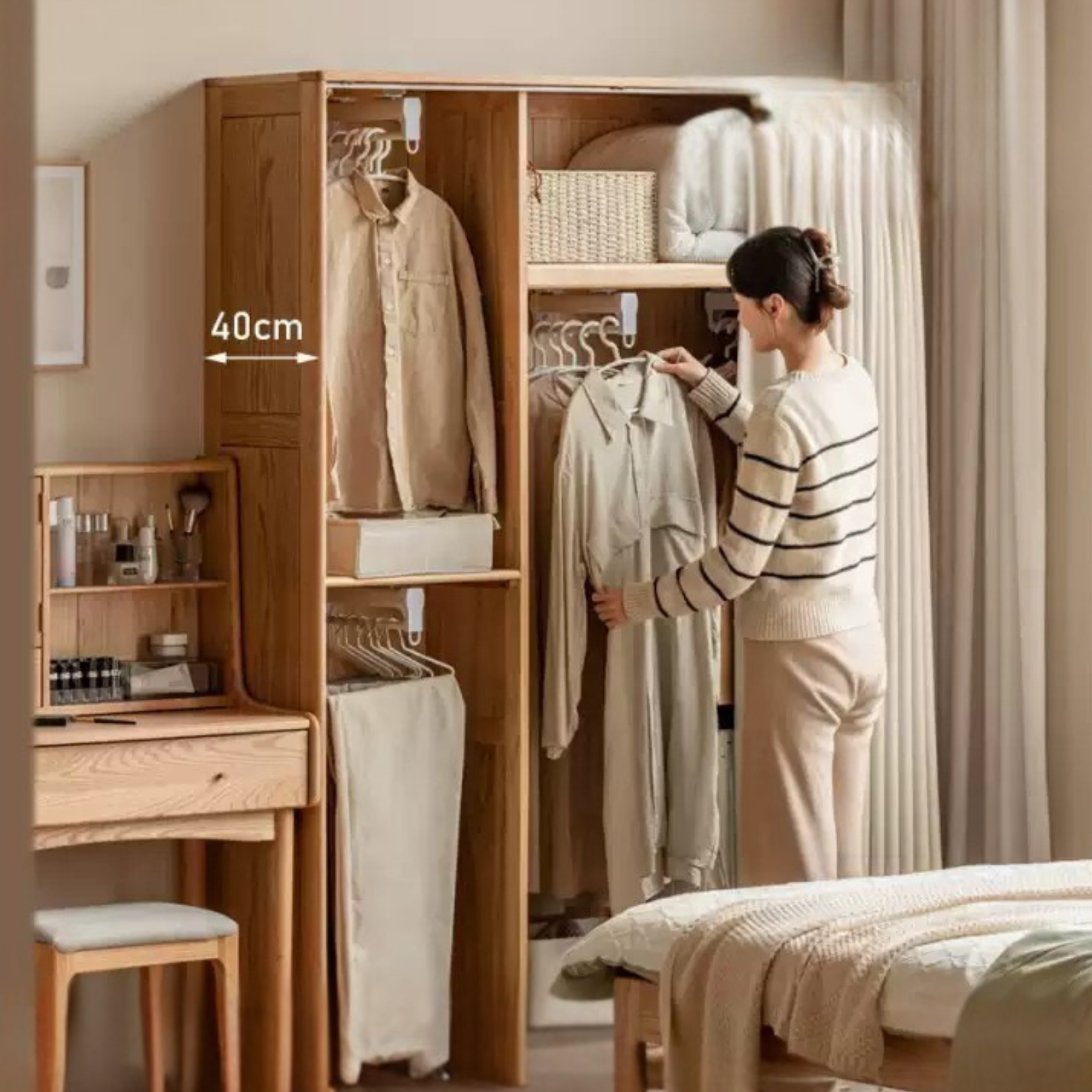 Solid Oak Wood Wardrobe with Thin Fabric Curtain - Stylish Closet Organizer for Bedroom, Living Room & Dorm Storage