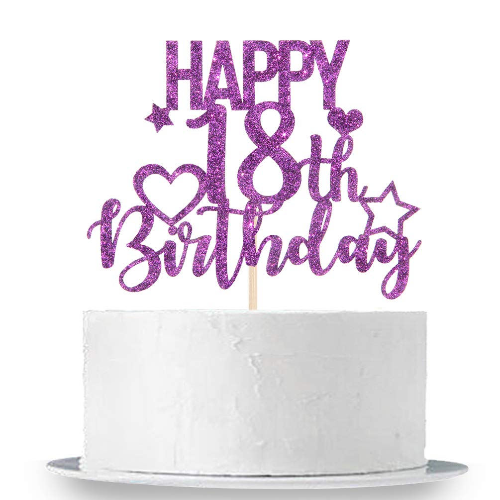 INNORU Purple Glitter Happy 18th Birthday Cake Topper - Cheers to 18 Years Celebration Decor for Eighteen AF Party | Perfect for Milestone Birthday Cakes, Sweet 16 Upgrades & Coming of Age Celebrations