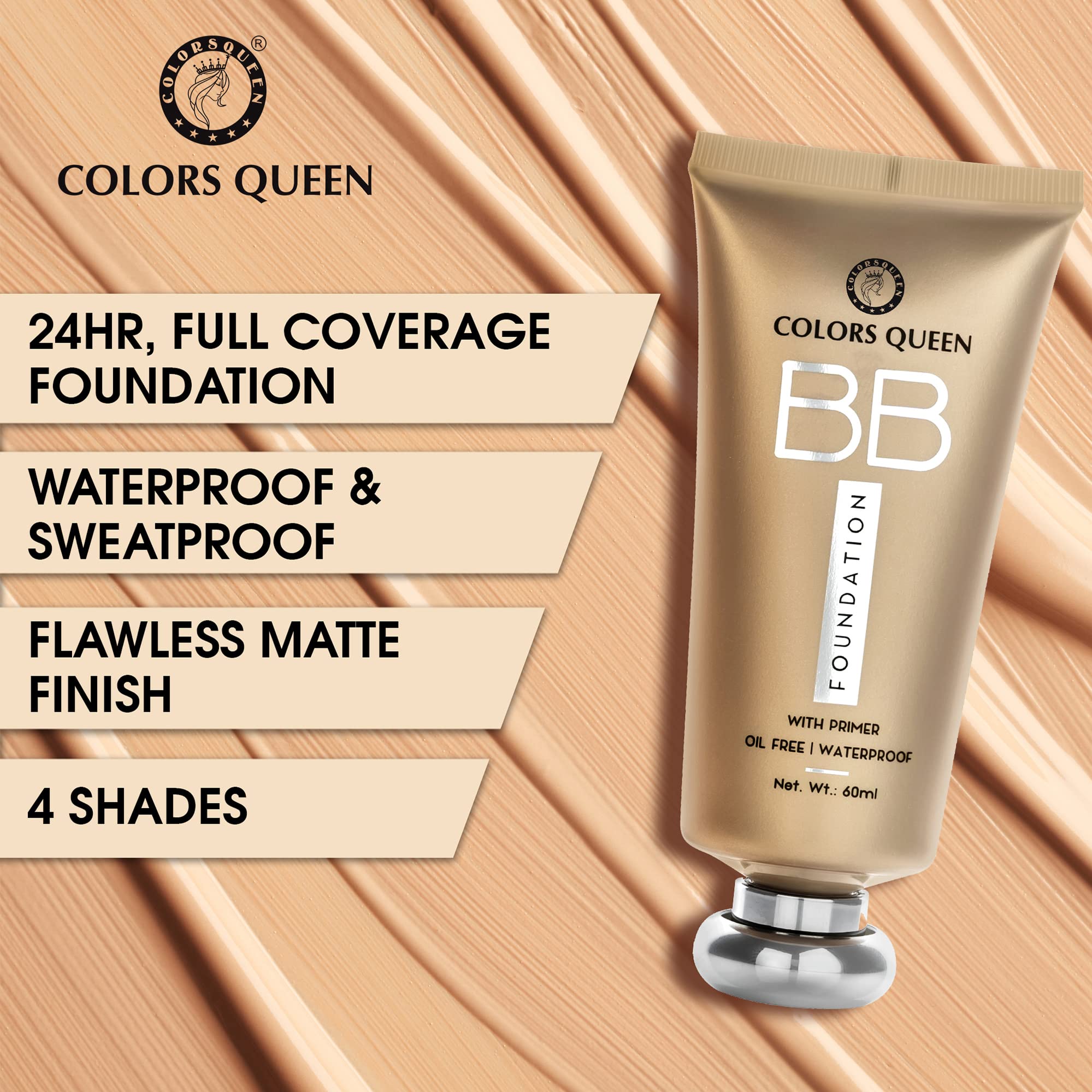 COLORS QUEEN Bb Liquid Foundation With Primer, 01 Ivory, 60Ml | Matte Finish, Full Coverage, Oil-Free & Waterproof Foundation | Long-Lasting Makeup for Oily Skin | Perfect for Daily Wear, Special Occasions & Photography