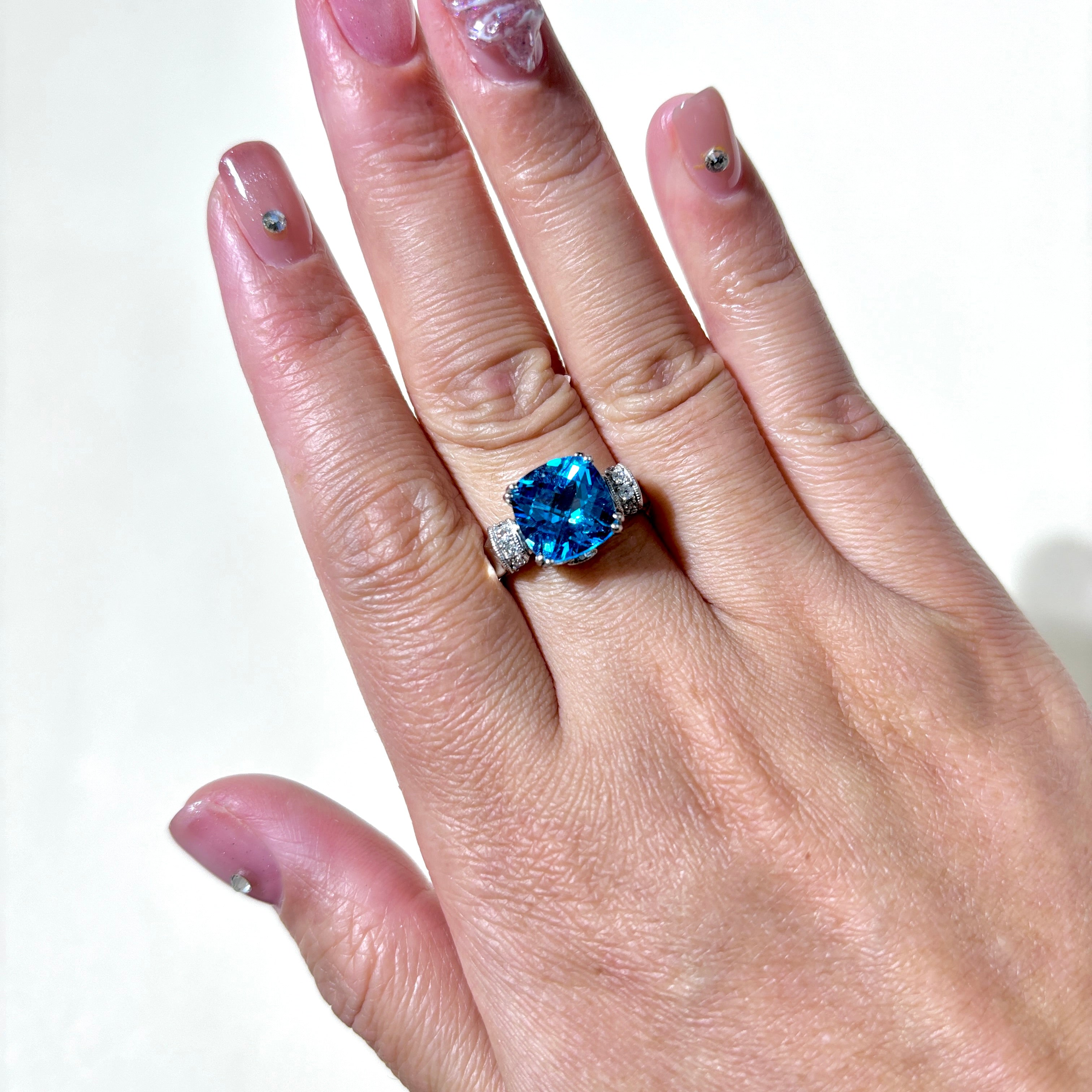 14K White Gold Blue Topaz & Diamond Ring - 4.67ctw Gemstone, 0.08ctw Diamonds, Size 7.75 - Elegant Birthstone Jewelry for Women, Perfect Gift for Anniversary, Engagement & Special Occasions