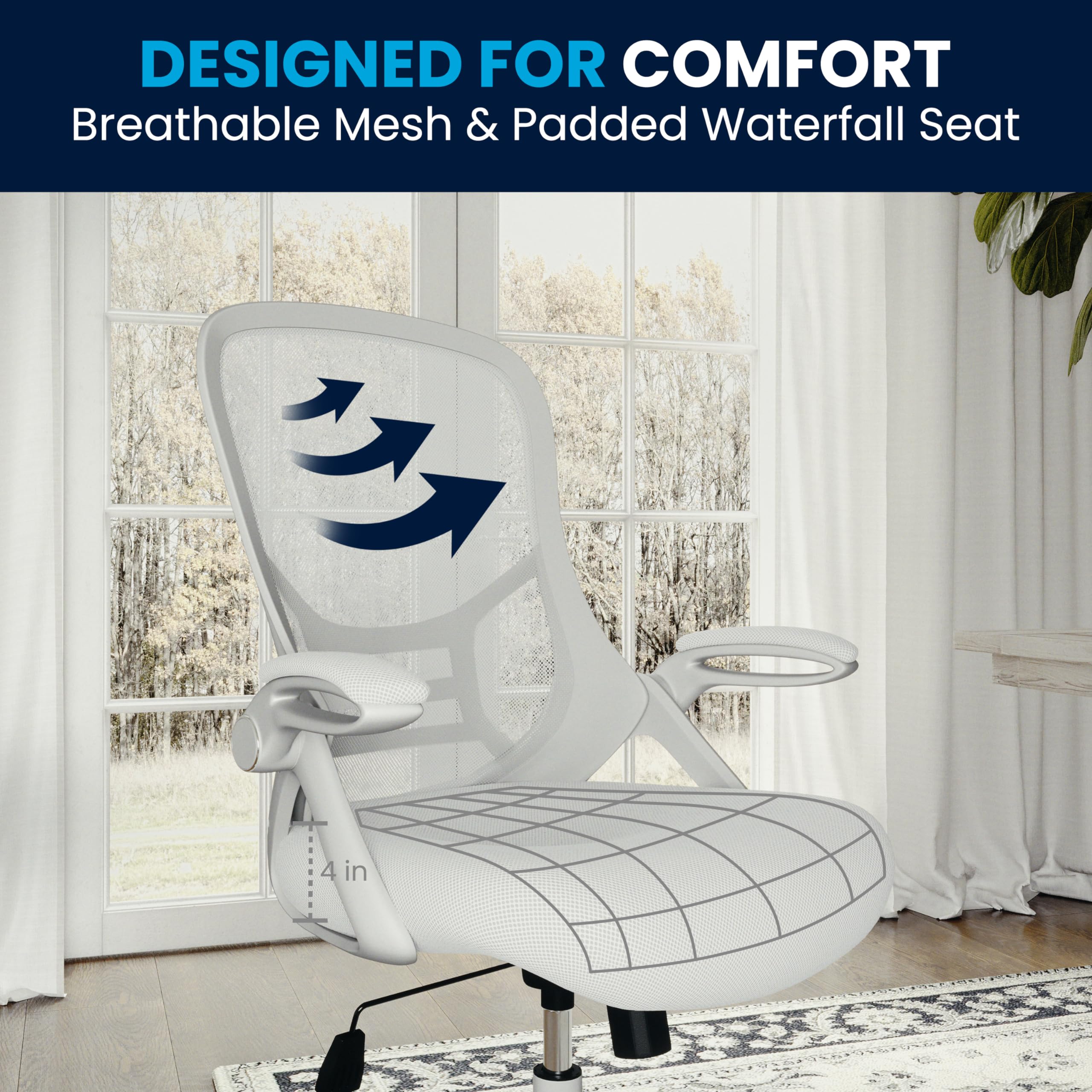 Flash Furniture Porter High-Back Swivel Office Chair with Adjustable Lumbar Support & Height - Ergonomic Mesh Desk Chair with Flip-Up Armrests, White - Perfect for Home Office, Gaming & Workspaces