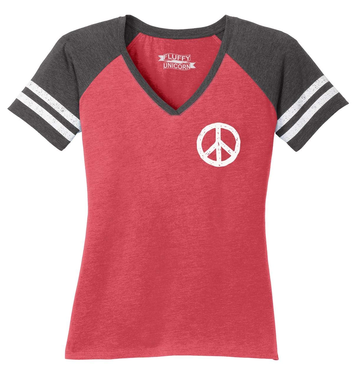 Funny Peace & Love V-Neck T-Shirt for Women - Comical Peace Sign Print Graphic Tee - Perfect for Casual Wear, Music Festivals & Hippie Style Outfits