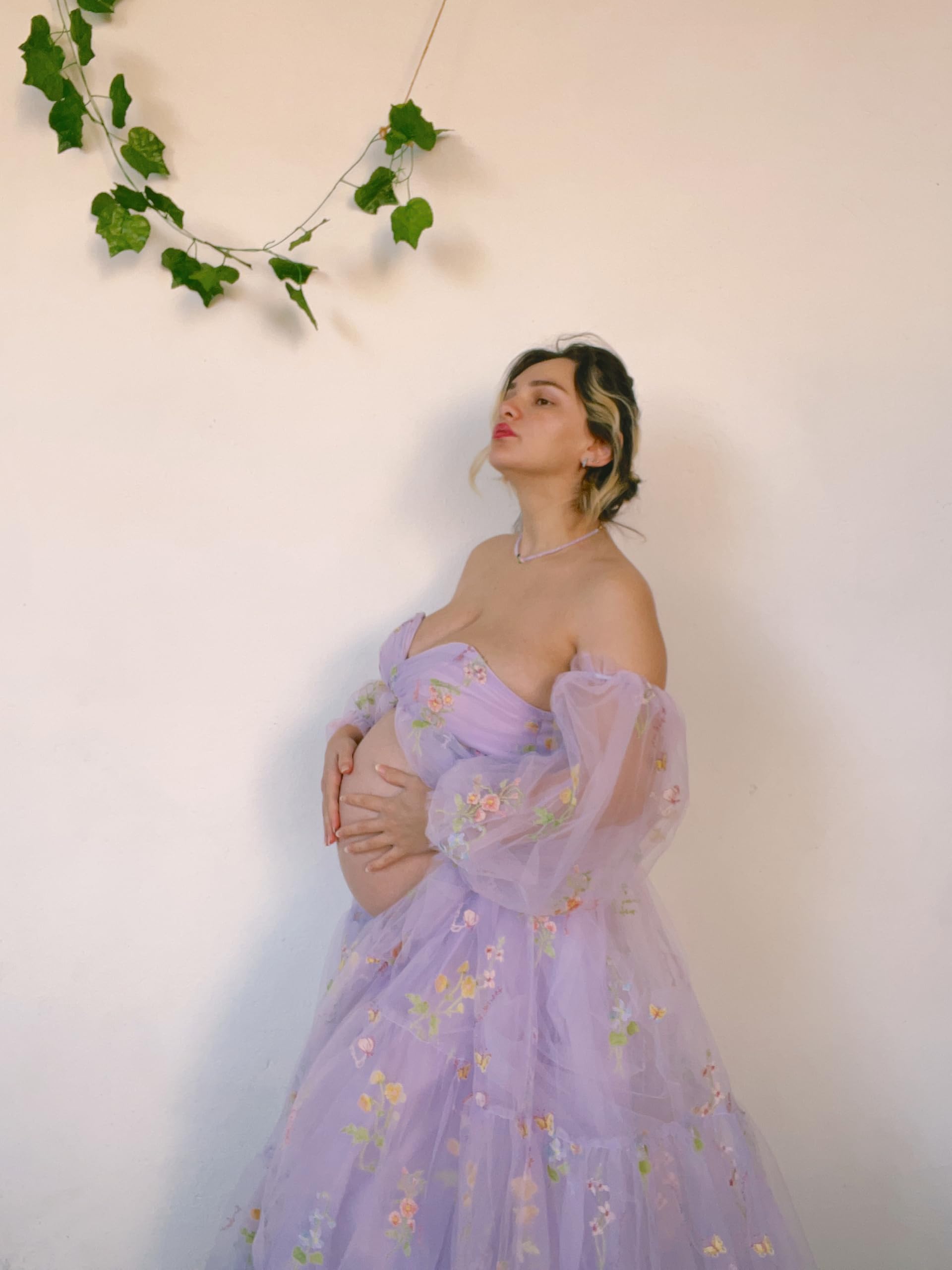 Elegant Flower Embroidery Tulle Maternity Robe - Puffy Sleeve Bridal Lingerie Dress for Baby Shower, Photoshoot & Pregnancy Photos - Soft Long Dress for Special Occasions