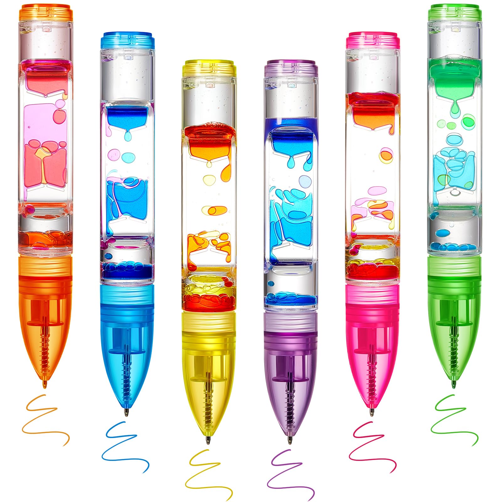 6 Pcs Liquid Motion Bubbler Pens - Colorful Hourglass Sensory Fidget Toys for Stress Relief, Fun Desk Decor for Kids & Adults - Perfect for Office, Classroom, and Home Use