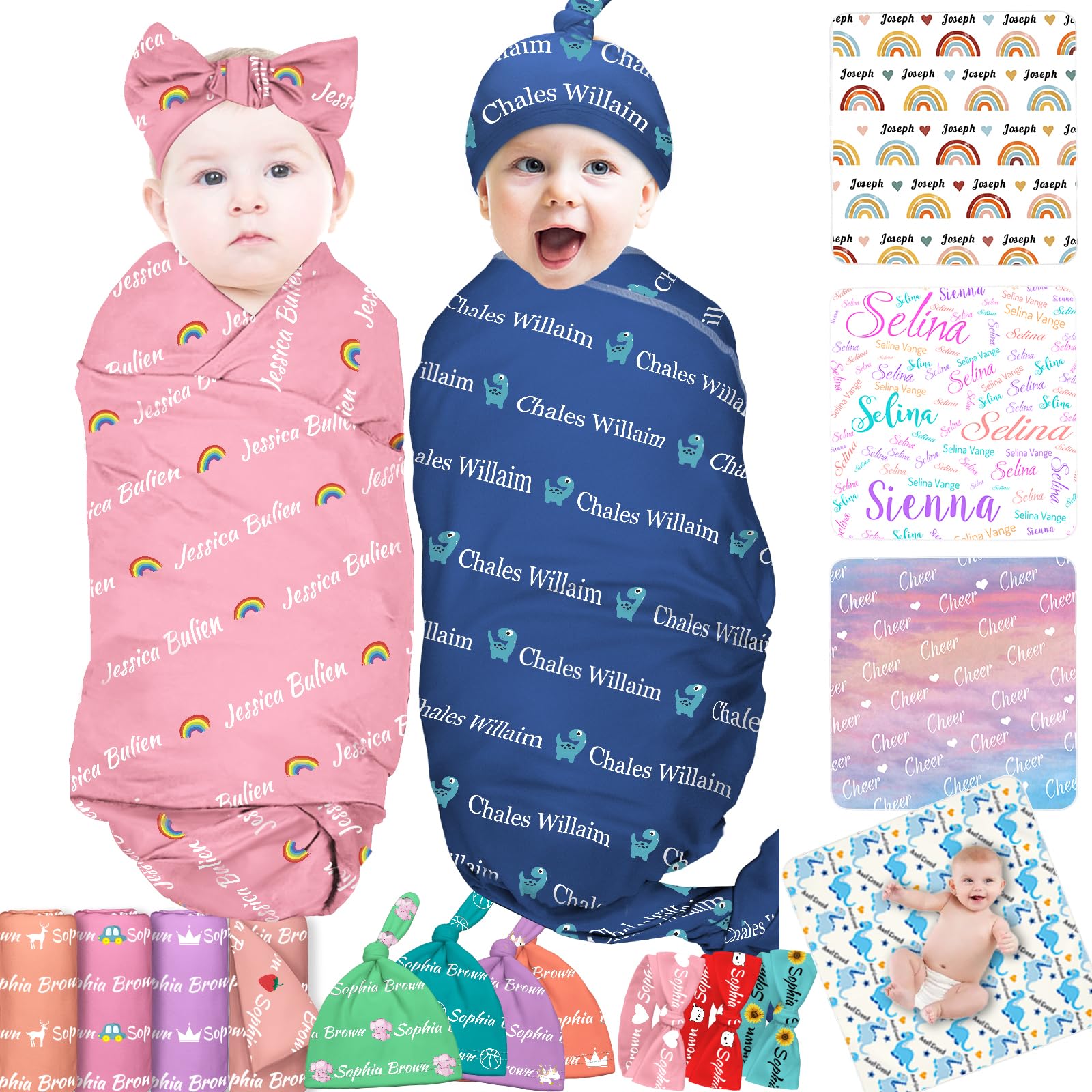 Personalized Baby Swaddle Blanket Set - Custom Name Embroidered Nursery Blanket with Bow Headband & Hat - Perfect Baby Shower Gift for Boys & Girls - Ideal for Newborn Photography, Christening & Special Occasions
