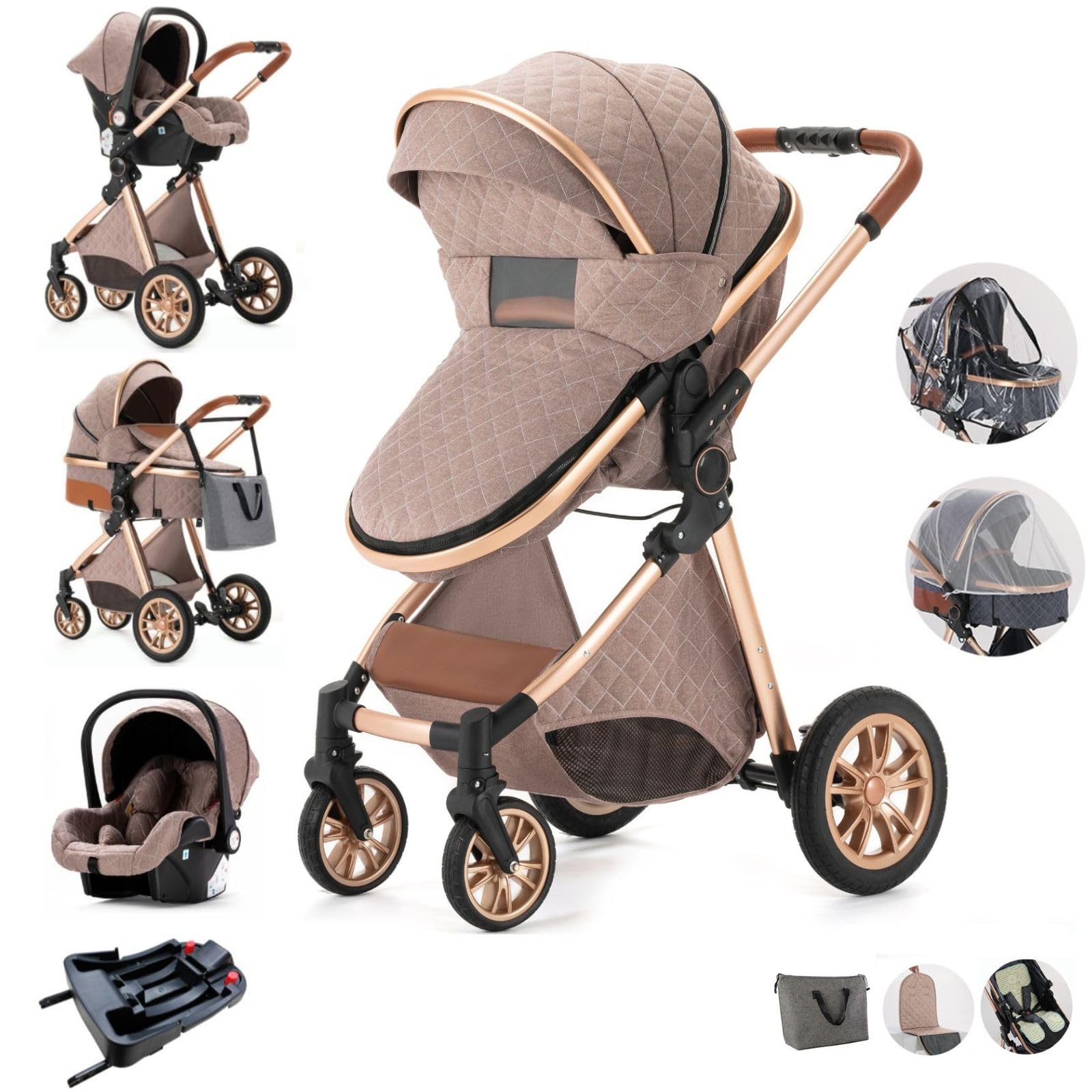 5-in-1 Compact Baby Stroller with Removable Bassinet & Reversible Seat | Foldable Lightweight Aluminum Frame Stroller for Newborn to Toddler | Perfect for Travel, Shopping & Daily Walks (Khaki)