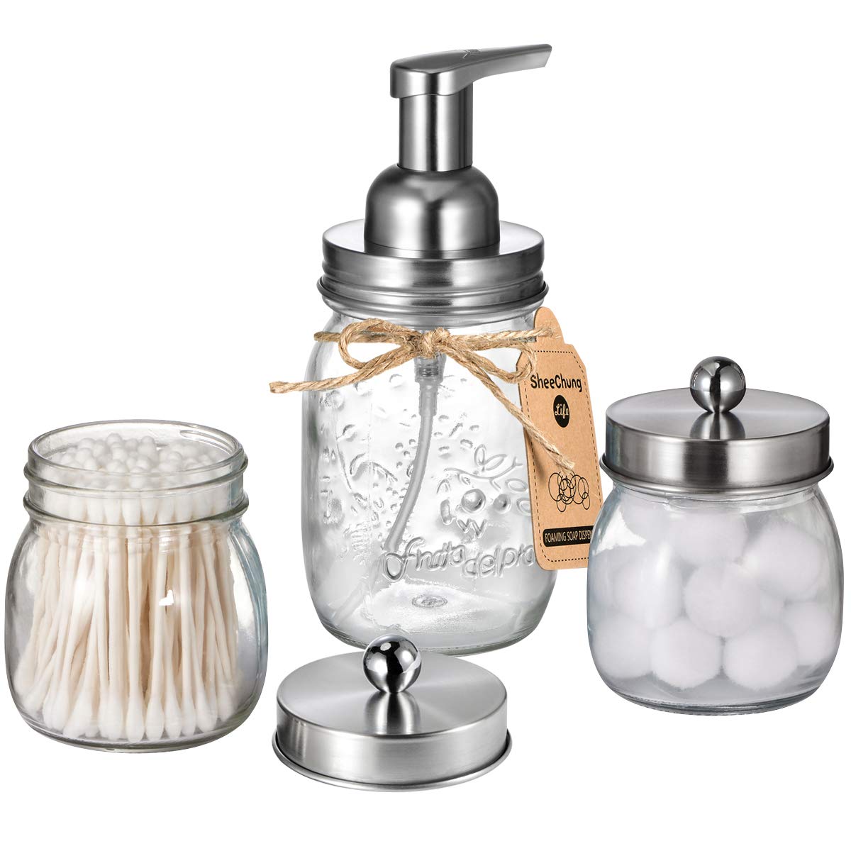 Rustic Farmhouse Mason Jar Bathroom Accessories Set - Brushed Nickel Foaming Hand Soap Dispenser & Cotton Swab Holder - Apothecary Style Vanity Organizer for Bathroom Countertop Decor | Perfect for Farmhouse, Vintage & Shabby Chic Home Decor