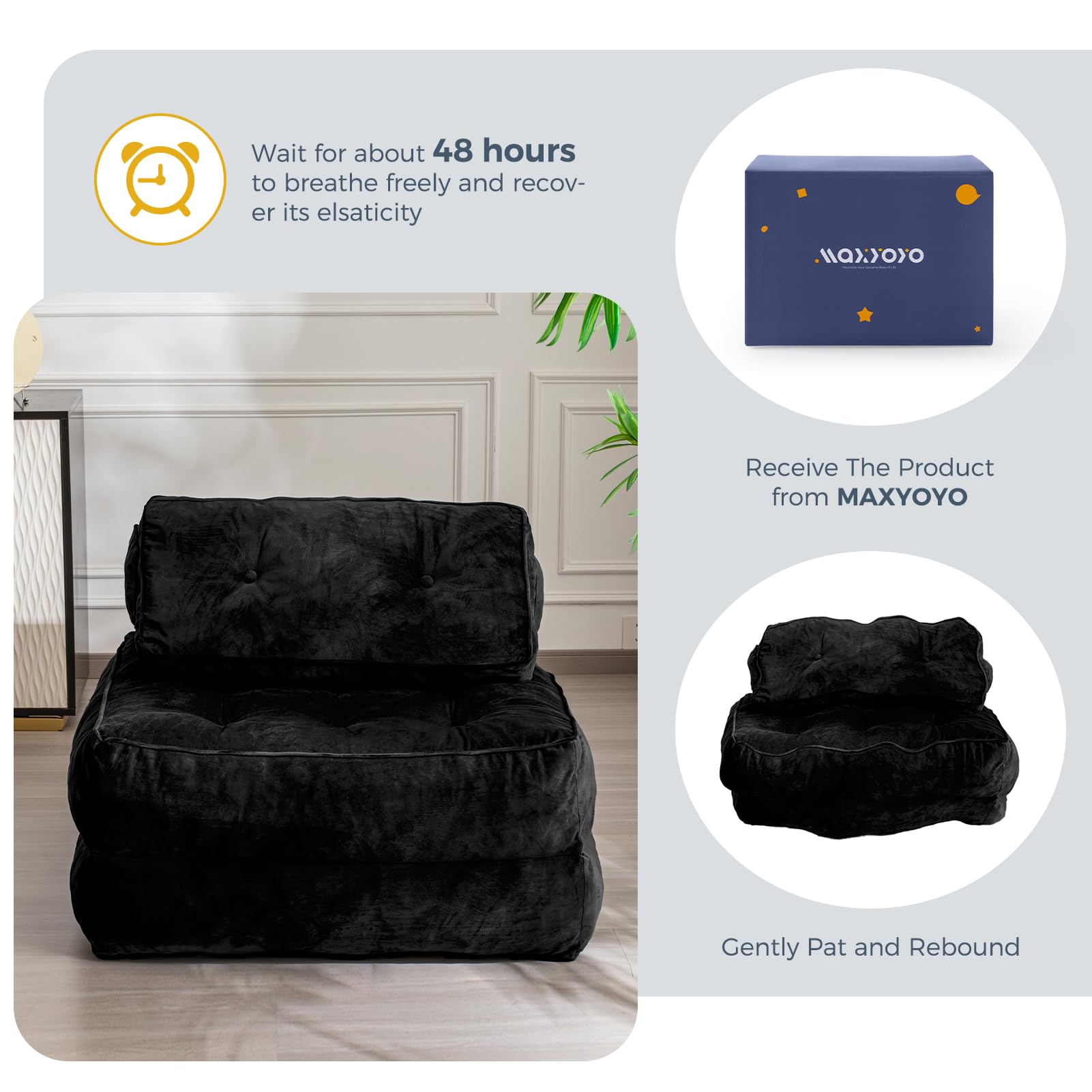 MAXYOYO Velvet Convertible Sleeper Sofa Bed - Foldable Futon Chair with Pillow for Small Spaces, Guest Room & Apartment - Portable Fold Out Bed in Black - Perfect for Living Room, Studio & Dorm
