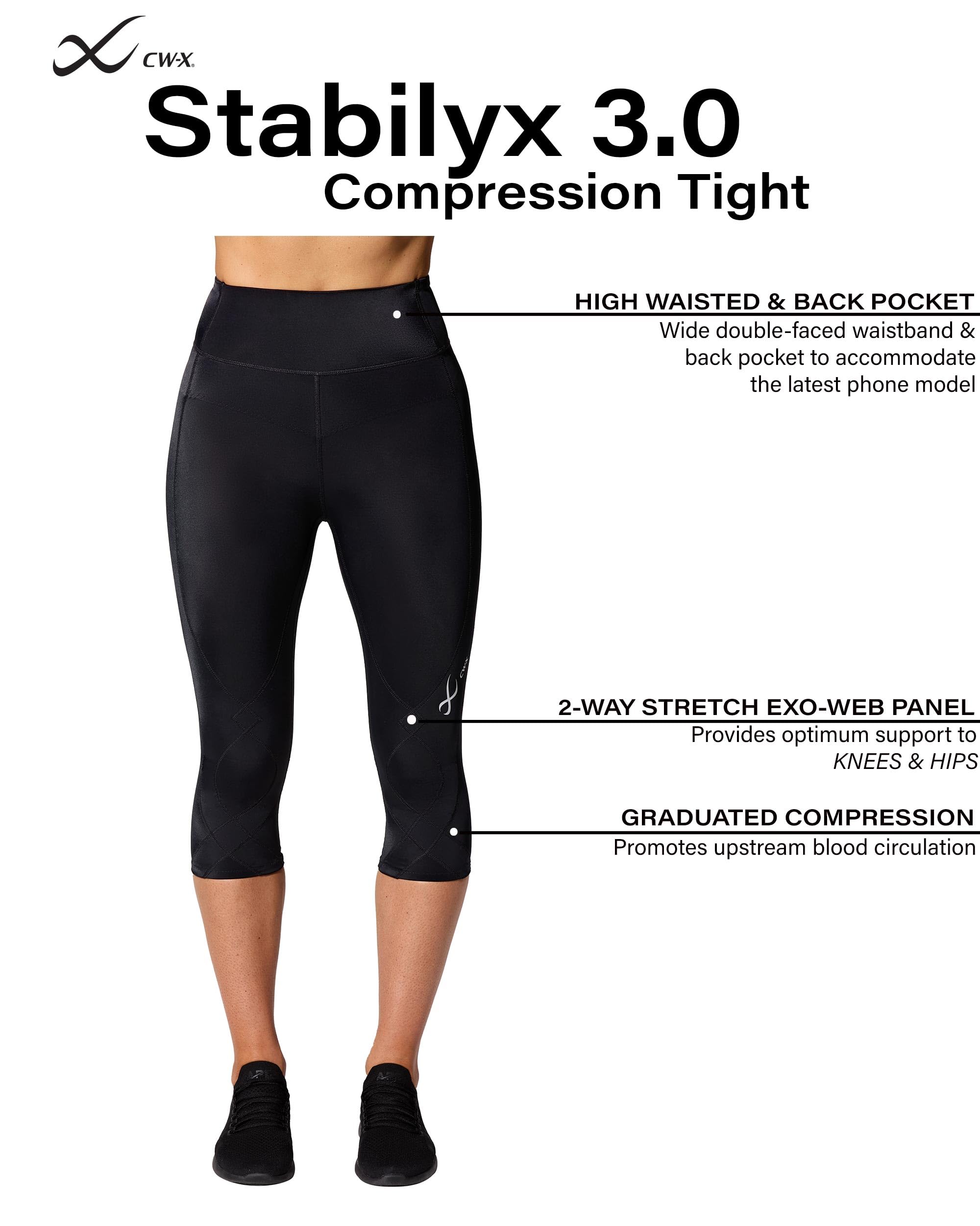 CW-X Women's Stabilyx 3.0 Joint Support 3/4 Capri Compression Tight - High-Rise Leggings with Back Phone Pocket for Running, Yoga & Workout - Breathable & Supportive Activewear for Women