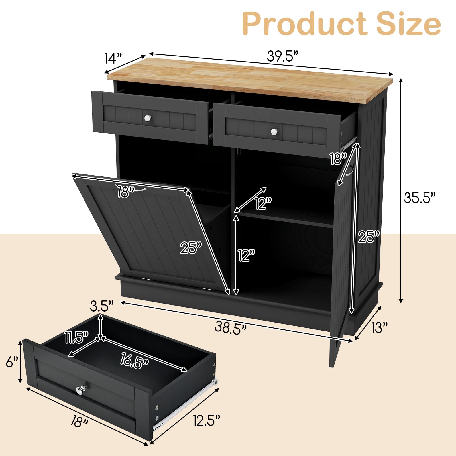 Giantex 15.5 Gallon Kitchen Trash Cabinet with Tilt-Out Bin | Rubber Wood Countertop Kitchen Island Organizer | 2 Drawers & Adjustable Shelf | Black Waste Recycling Storage for Small Spaces & Apartments | Perfect for Kitchen Organization & Garbage Disposal