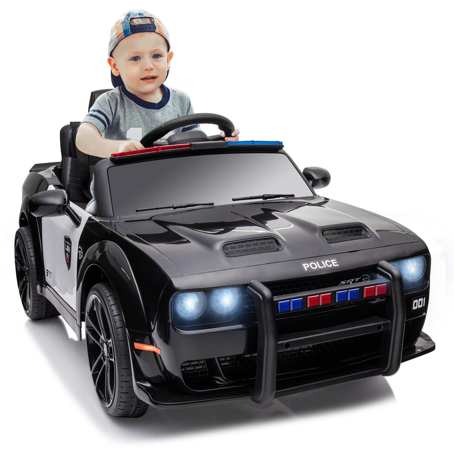 Track Seven Electric Ride-On Car for Kids - Remote Control, LED Lights, 3 Speed Settings, Spring Suspension, Horn & Bluetooth - Police-Themed Toy Vehicle for Indoor/Outdoor Play, Birthday Gifts & Pretend Play Adventures