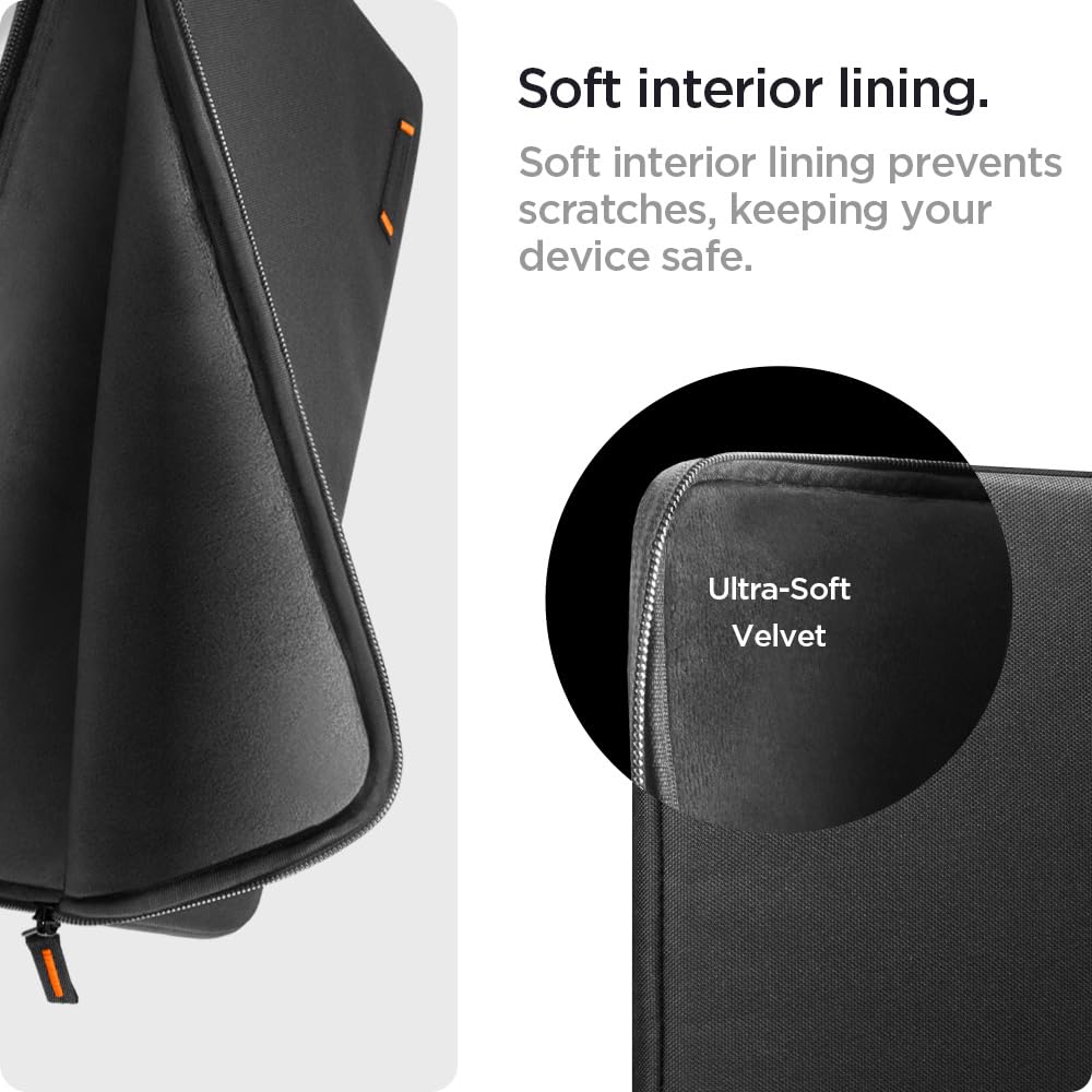 Spigen 14 Inch Laptop Sleeve - Lightweight & Water Resistant Protective Case with Ultra Soft Velvet Interior for 13-14 Inch Laptops & Tablets (Black) - Perfect for Travel, Office & School Use