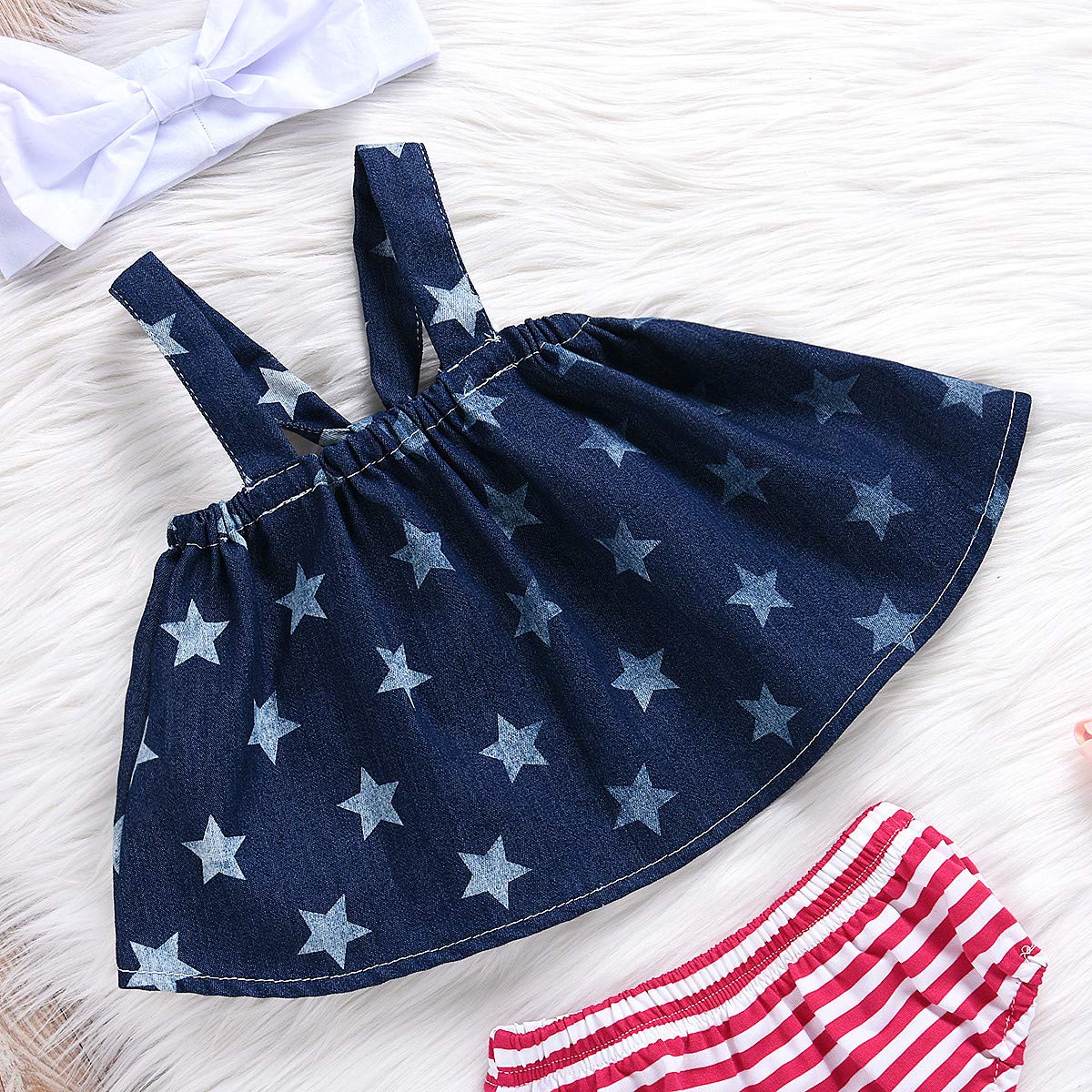 Adorable Baby Girl Outfits - American Flag Star Denim Top & Striped Shorts with Bow Headband 3-Piece Set | Perfect for 4th of July, Memorial Day & Patriotic Holidays