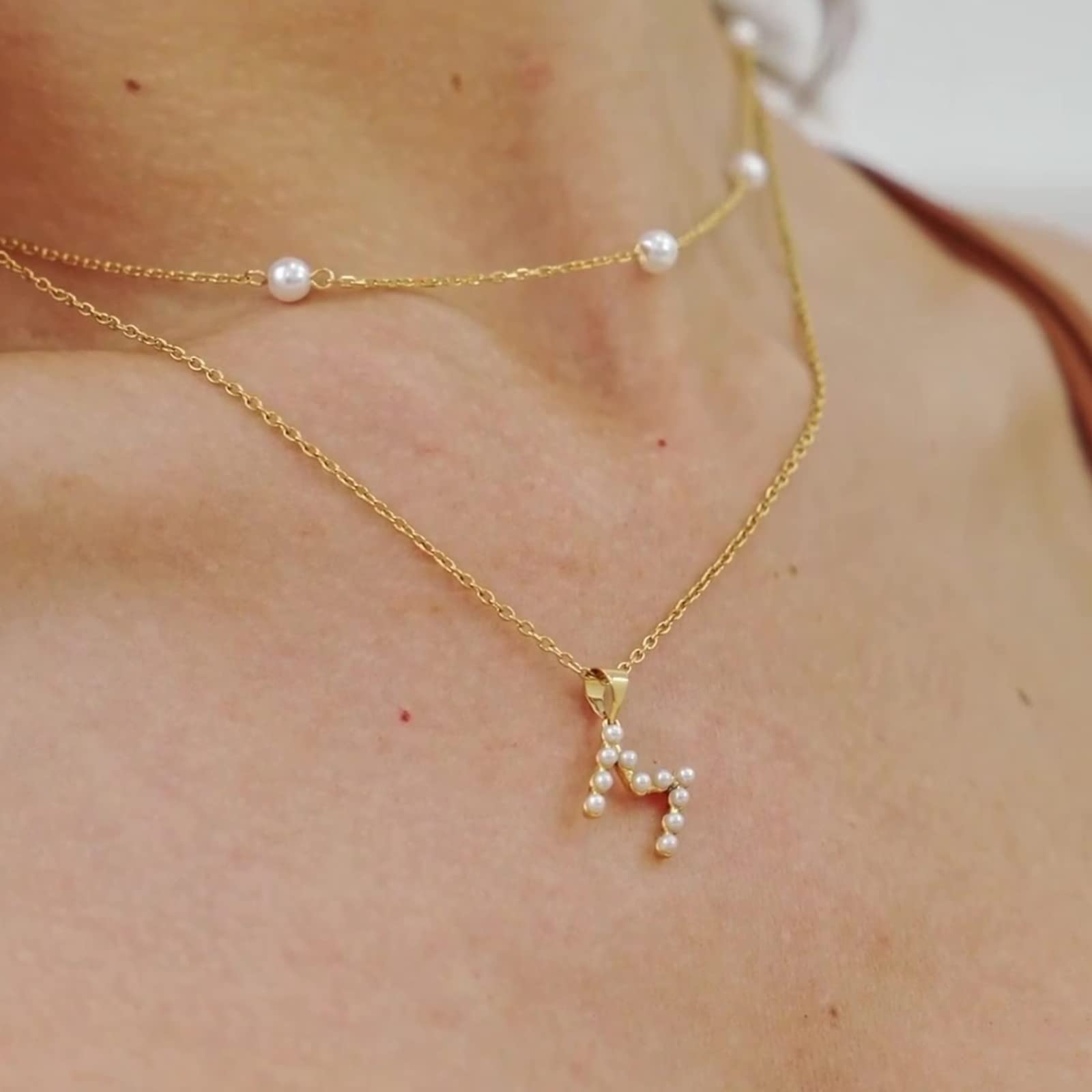 14K Gold Pearl Initial Necklace for Women & Girls - Trendy Dainty Letter Necklace Jewelry Gift for Teens - Layered Link Chain Necklace for Everyday Wear, Birthday & Anniversary Gifts