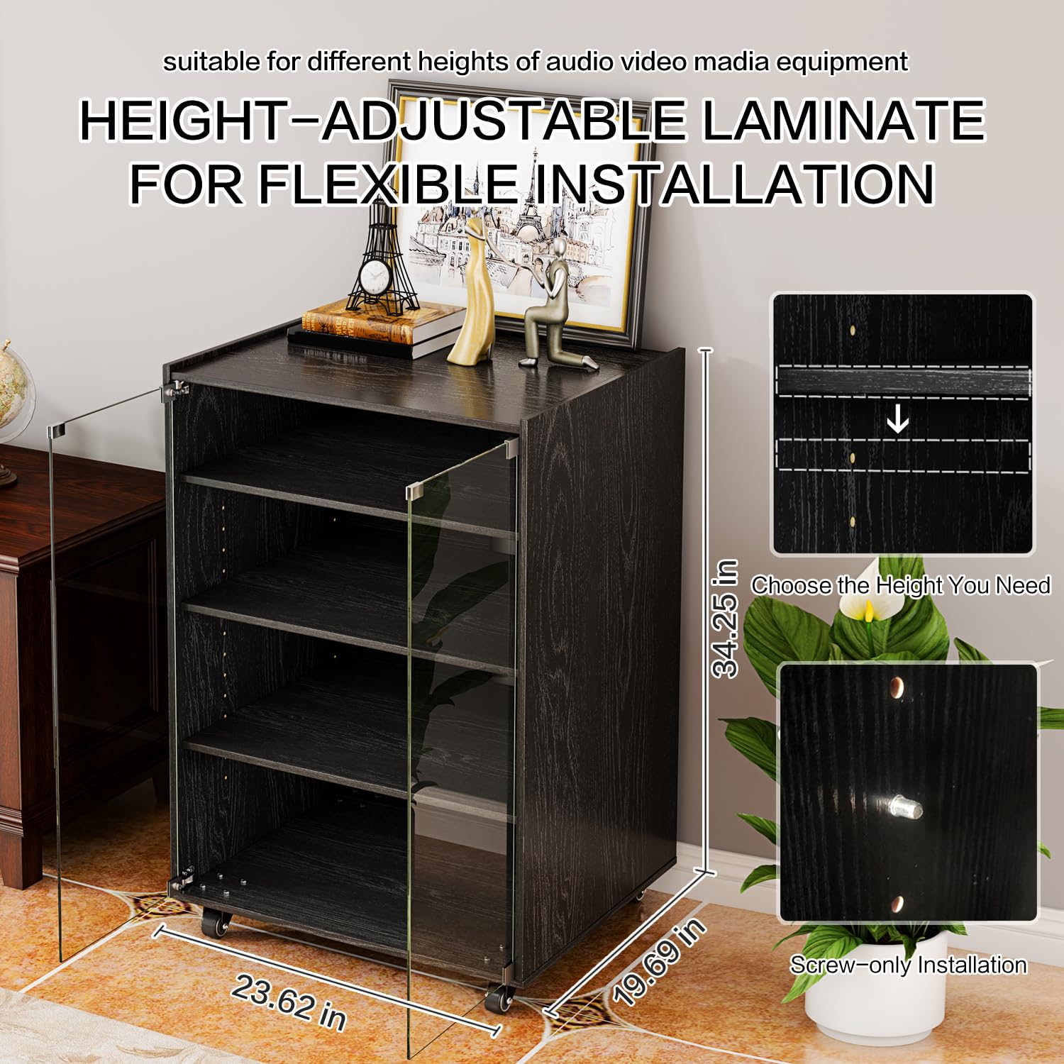 4-Tier Adjustable Media Storage Cabinet with Glass Doors & Pulley - Modern AV Stand for CDs, DVDs, Gaming Consoles & Stereo Components - Perfect for Living Room, Home Theater & Entertainment Centers