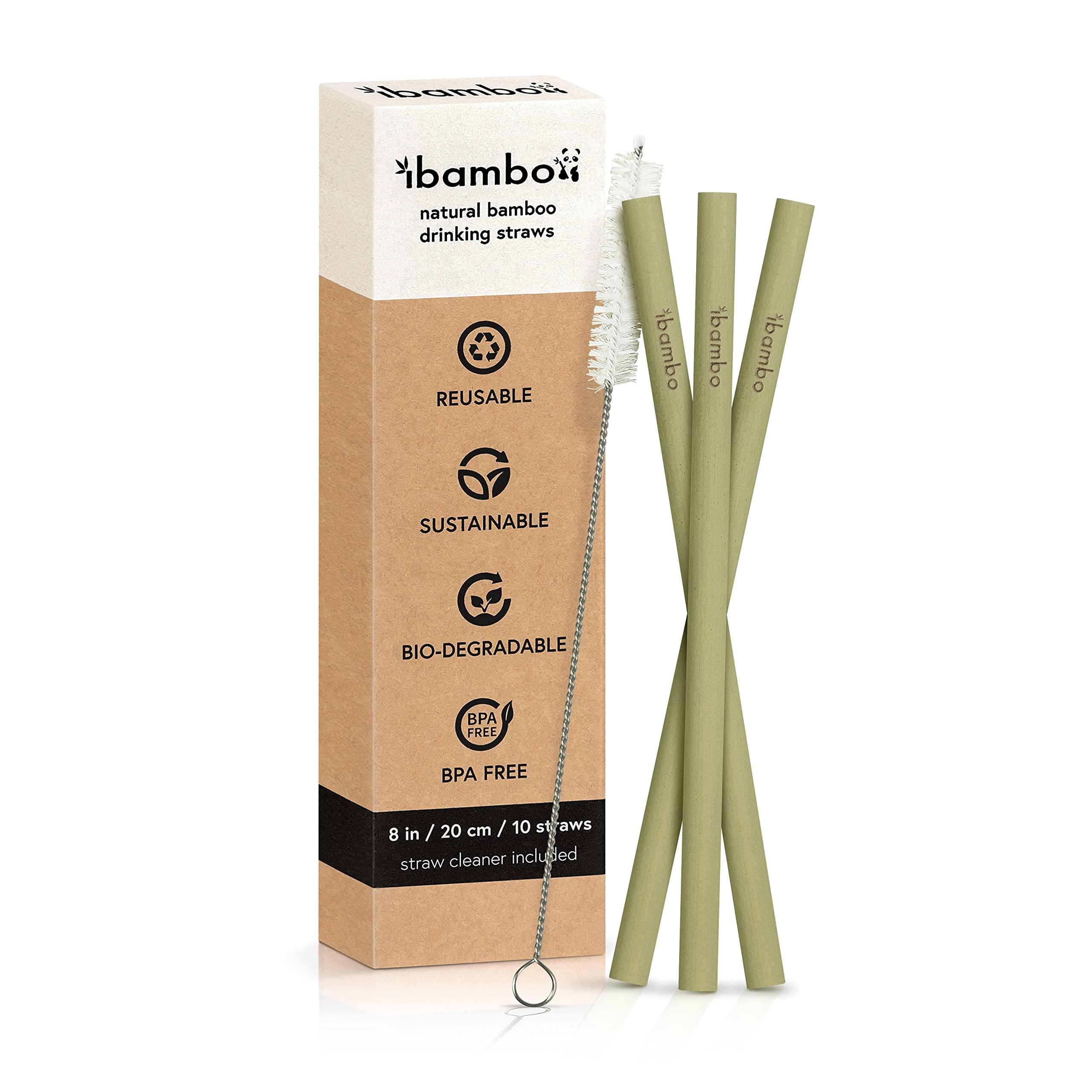 Ibambo 10 Pack Natural Bamboo Straws - Eco-Friendly Reusable Drinking Straws, 8 Inch Biodegradable & Compostable Straws with Cleaning Brush, Sustainable Alternative to Plastic Straws for Smoothies, Cocktails, Iced Coffee & Home/Office Use