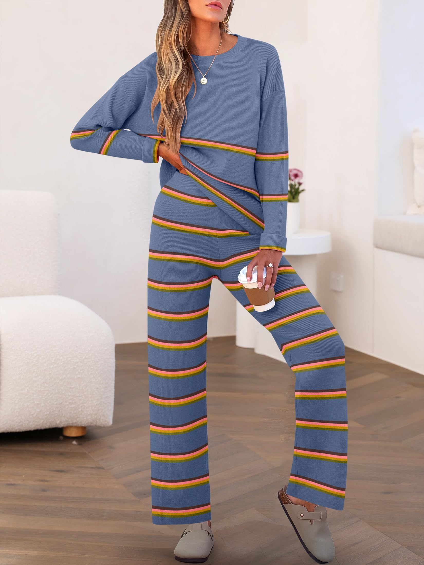 Caracilia Women's 2 Piece Sweater Set - Striped Oversized Knit Sweater with Wide Leg Lounge Pants | Cozy Fall Outfit 2024 | Perfect for Home Relaxation, Casual Outings & Autumn Photoshoots