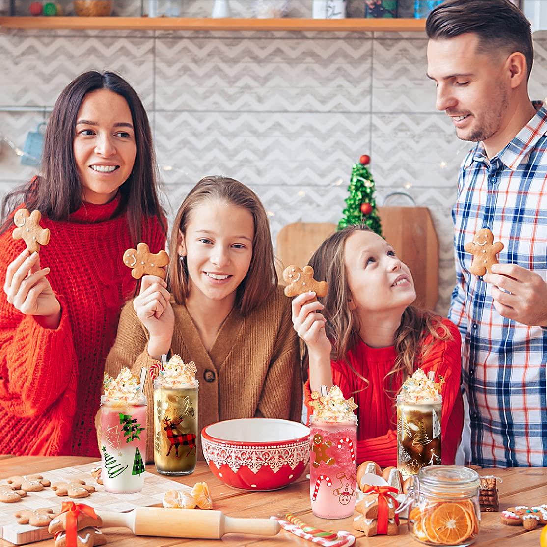 **ANOTION Christmas Cups - 16oz Colored Christmas Mugs with Lids & Straws, Unique Teacher Gifts, White Elephant Gifts for Adults, Mason Jar Glass Tumblers for Coffee, Tea & Hot Drinks - Perfect for Holiday Parties, Office Gifts & Cozy Home Use**