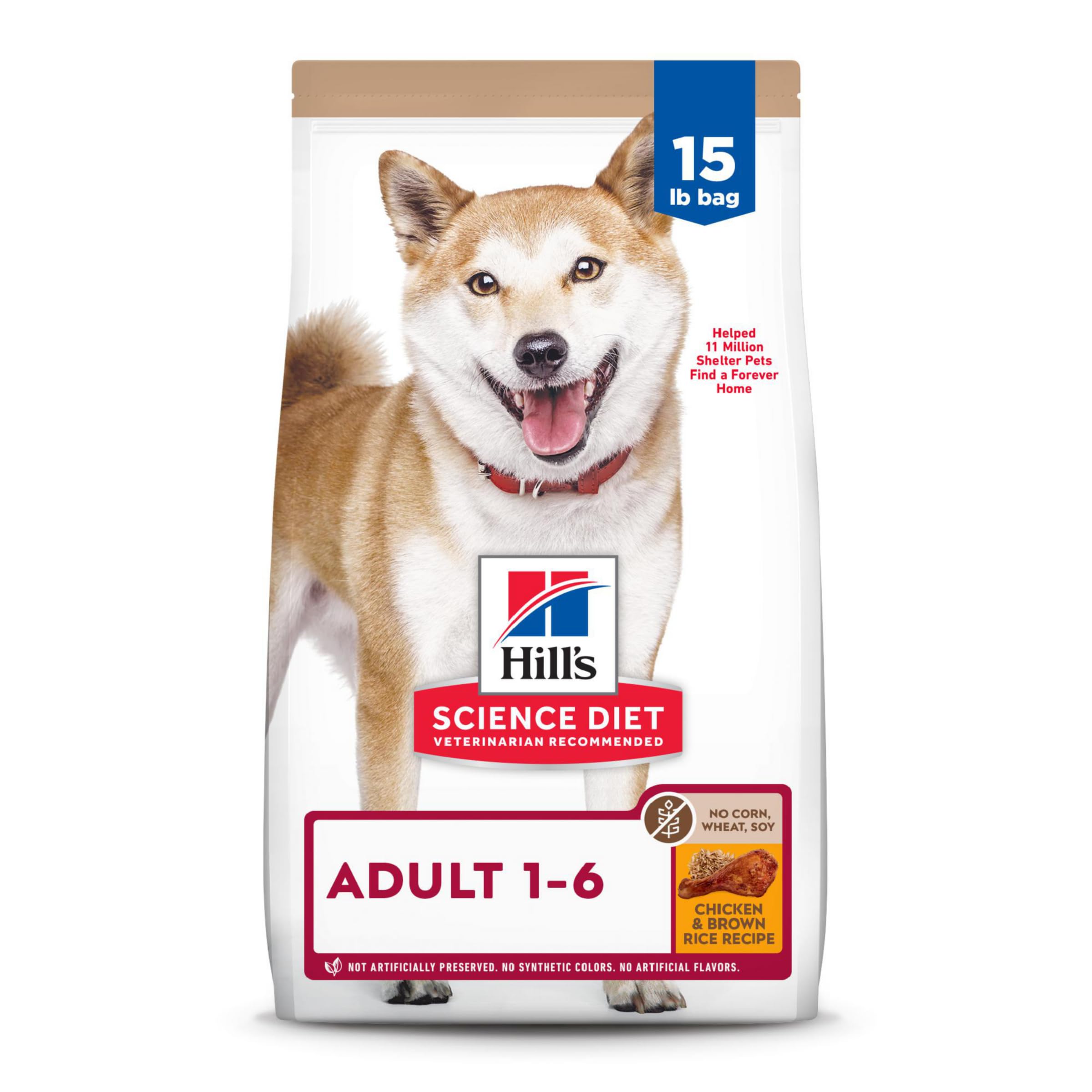 Hill's Science Diet Adult 1-6 Dry Dog Food - Premium Nutrition with Chicken & Brown Rice - No Corn, Wheat or Soy - 15 lb Bag - Perfect for Adult Dogs' Daily Meals & Healthy Growth