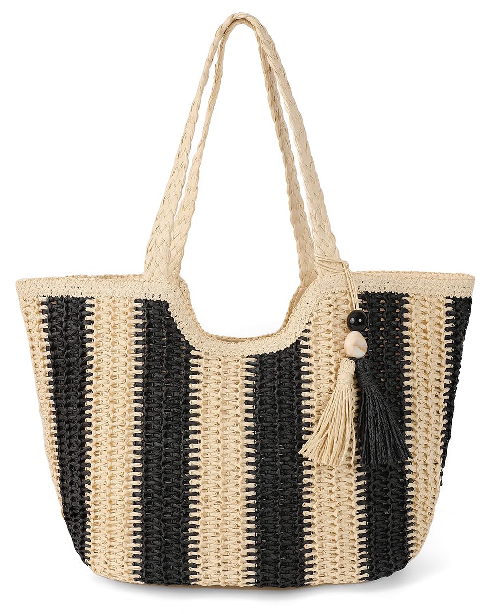 Stylish Women's Tassel Straw Beach Tote Bag - Large Woven Summer Handbag with Zipper & Pom Poms | Perfect for Beach Vacations, Pool Parties, and Summer Outings