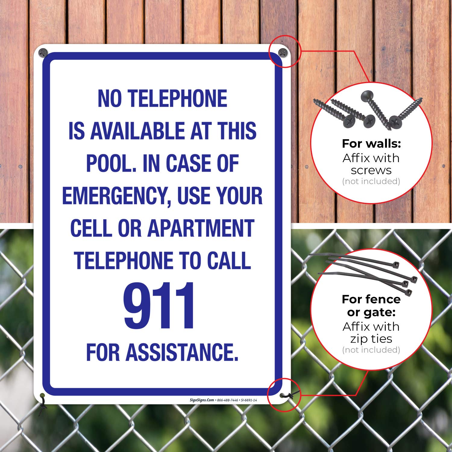 Sigo Signs No Telephone Available at This Pool Sign 10x14 Inches Rust Free Aluminum Fade Resistant Indoor Outdoor Use Made in USA for Swimming Pools Water Parks Public Facilities