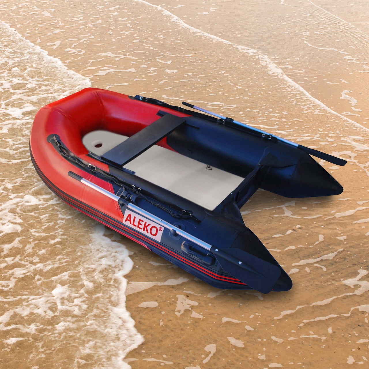 Aleko 8.4 Foot Inflatable Fishing Boat with Air Floor - Red & Black Design for Lakes, Rivers & Coastal Fishing Adventures