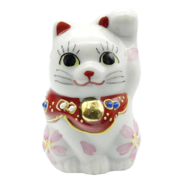 Authentic Japanese Kutani Yaki Mini Maneki Neko Lucky Cat Figurine - Cherry Blossom Pink Left Hand Beckoning Cat for Home Decor & Office Feng Shui