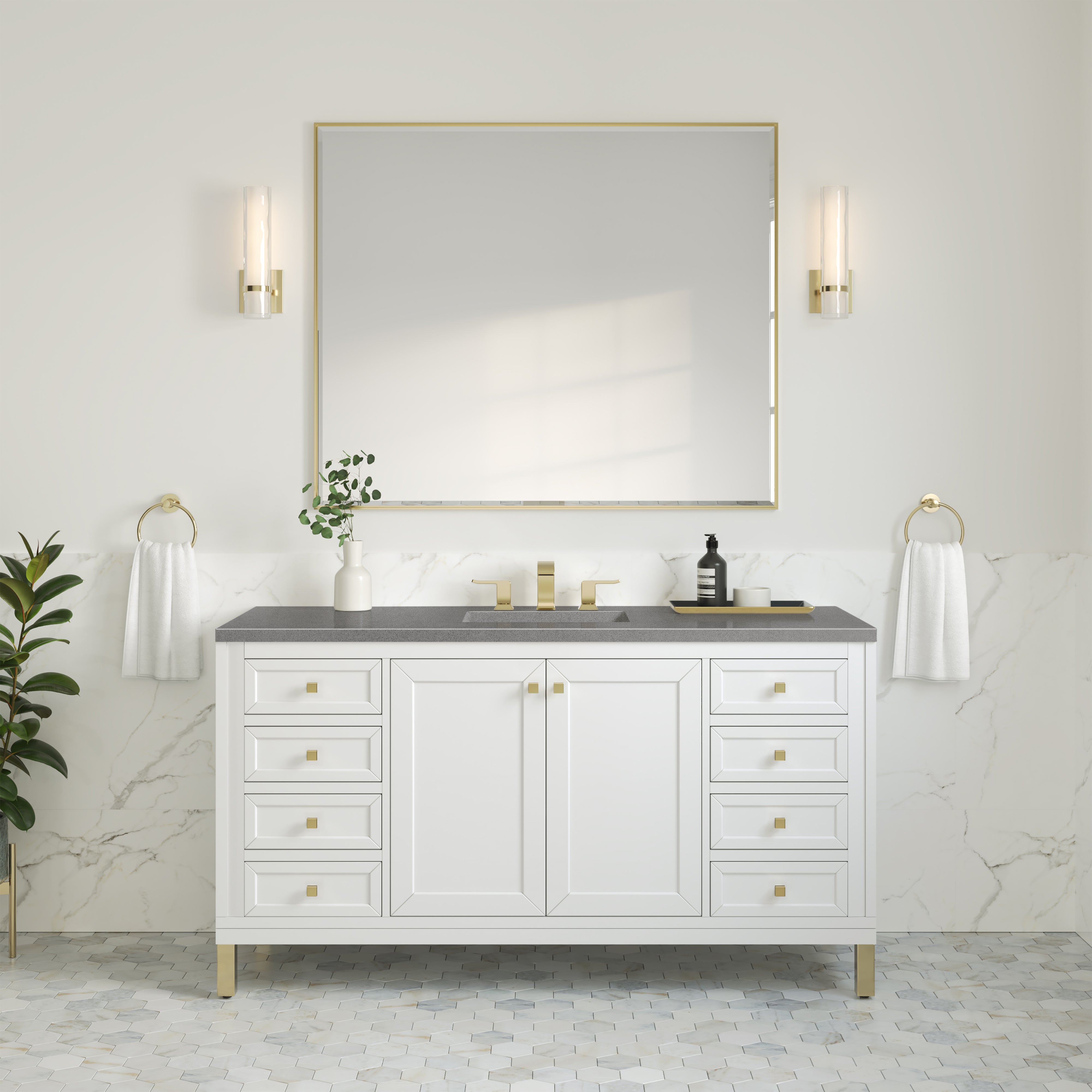 Chicago 60-Inch Single Bathroom Vanity with Glossy White Finish & 3CM Grey Expo Top - Perfect for Modern Home Renovation and Bathroom Upgrade