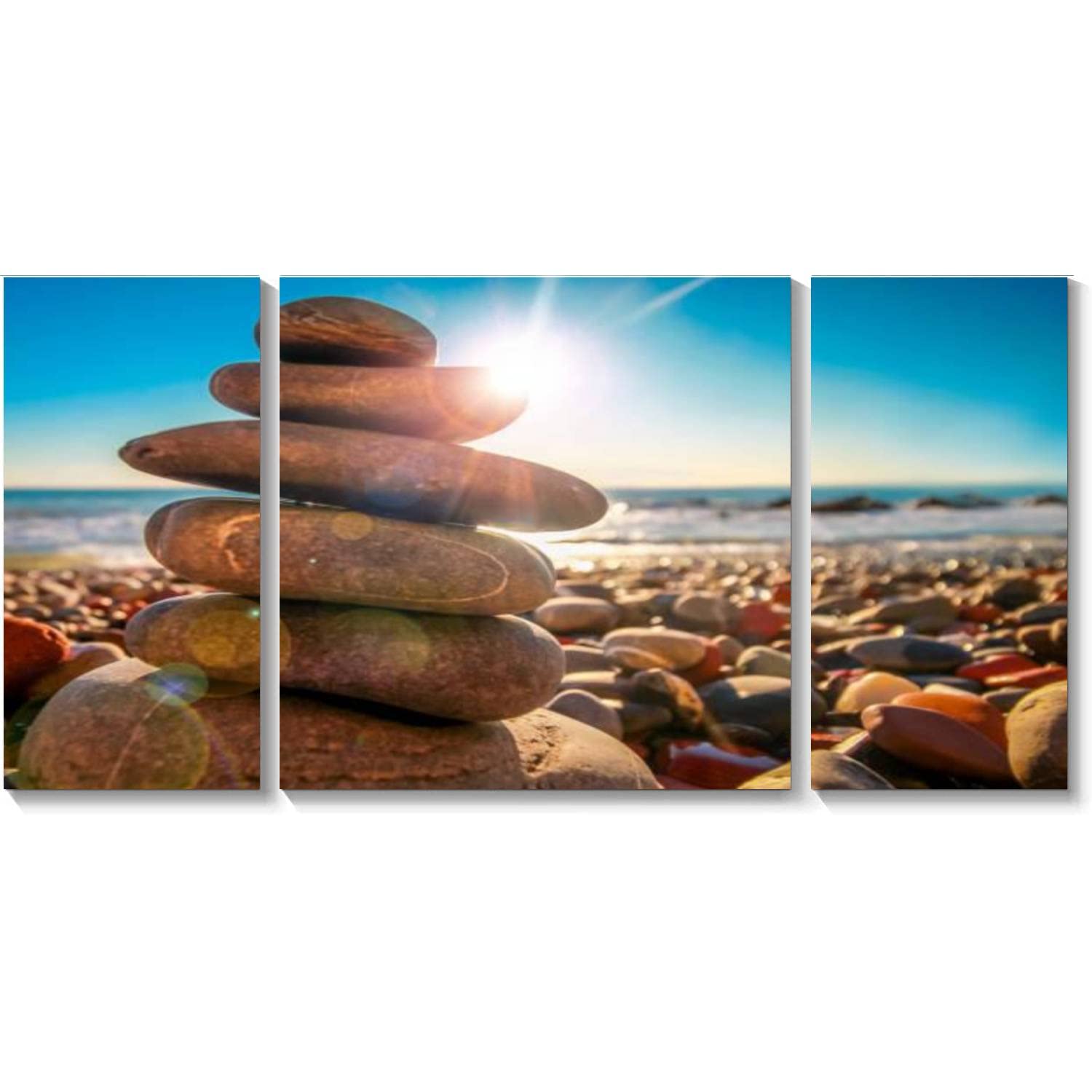 BDMPIZLNSF 3 Panel Canvas Wall Art - Zen Stones on Rocky Beach Painting, Stretched & Framed Ready to Hang - Modern Home Decor for Living Room, Bedroom, Office - Perfect for Meditation Spaces & Coastal Themed Interiors