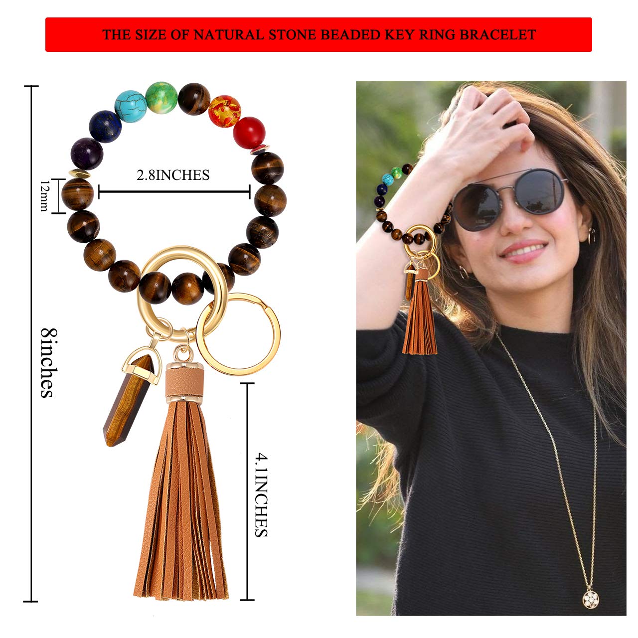 MOLOCH Stone Beaded Keychain Bracelet for Women - Stylish Tassel Wrist Key Holder with Carabiner Clip | Perfect Gift for Her, Boho Jewelry Accessory for Daily Use, Travel & Car Keys Organization