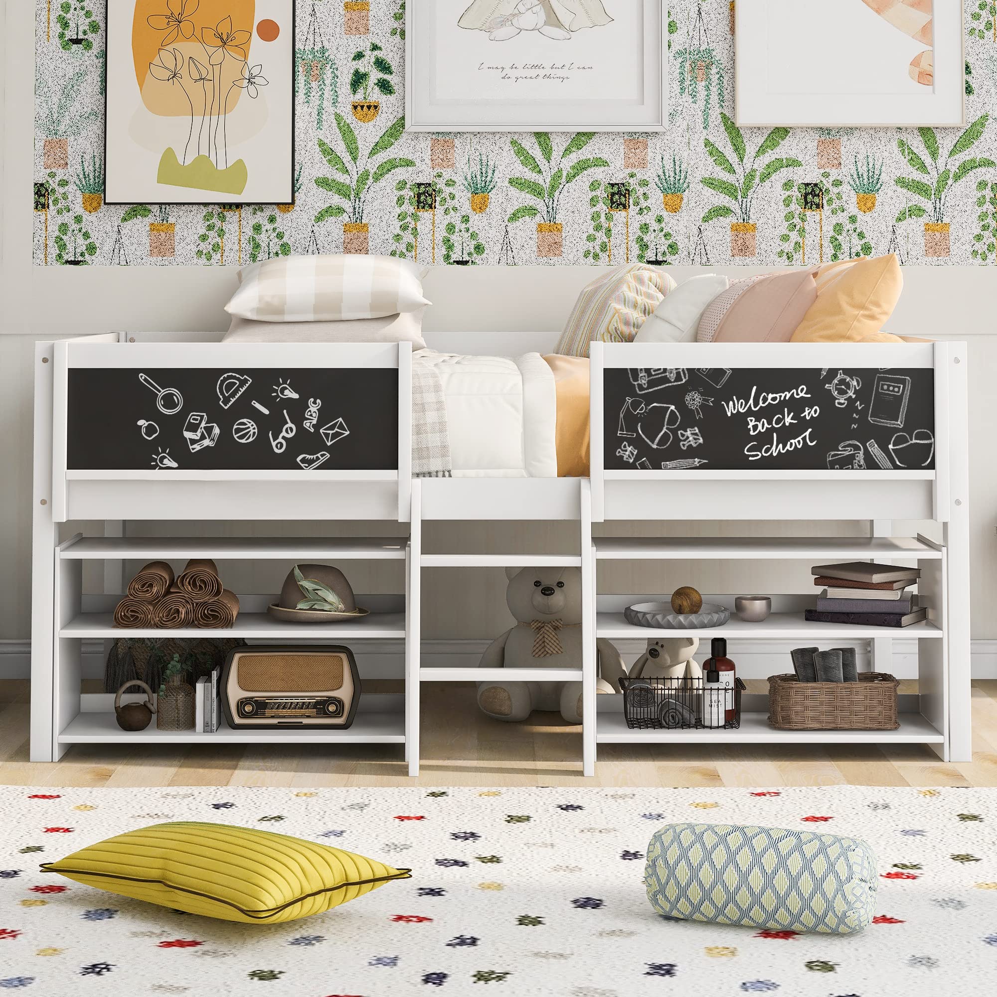 Twin Size Low Loft Wooden Bed Frame with Ladder, 2 Movable Storage Shelves & Chalkboard Guardrail - Space Saving Kids Bed for Small Rooms, Dorm or Apartment (White)