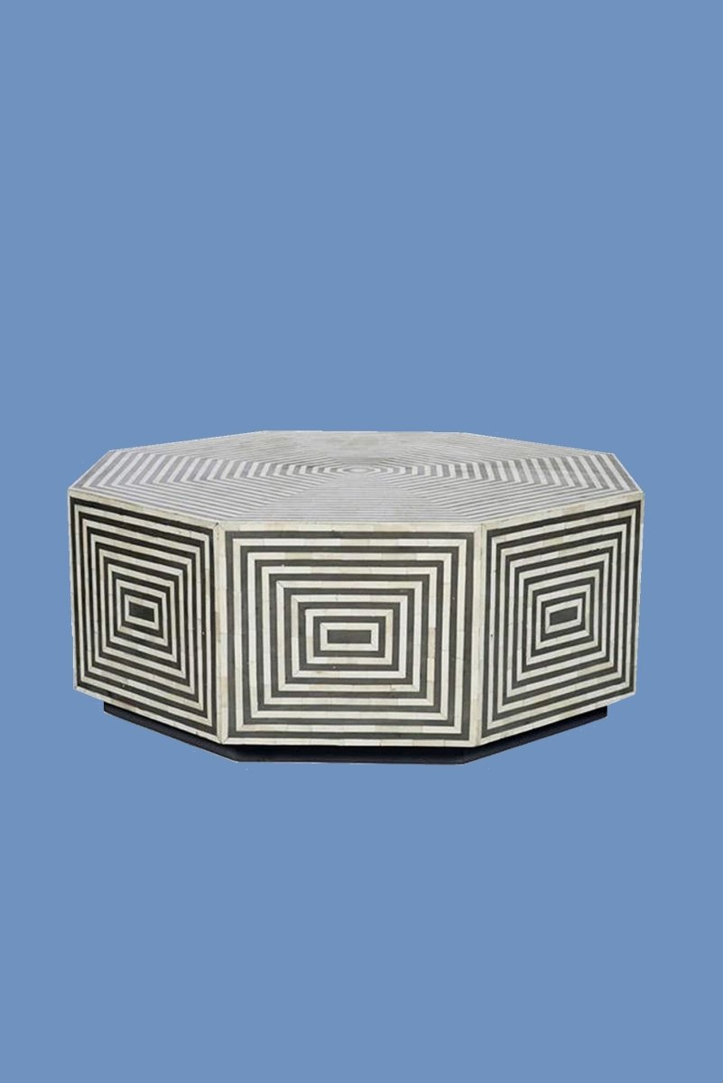 Handmade Bone Inlay Coffee Table - Black & White Geometric Design - Luxury Center Table for Living Room - Boho Chic Home Decor for Modern & Vintage Interiors