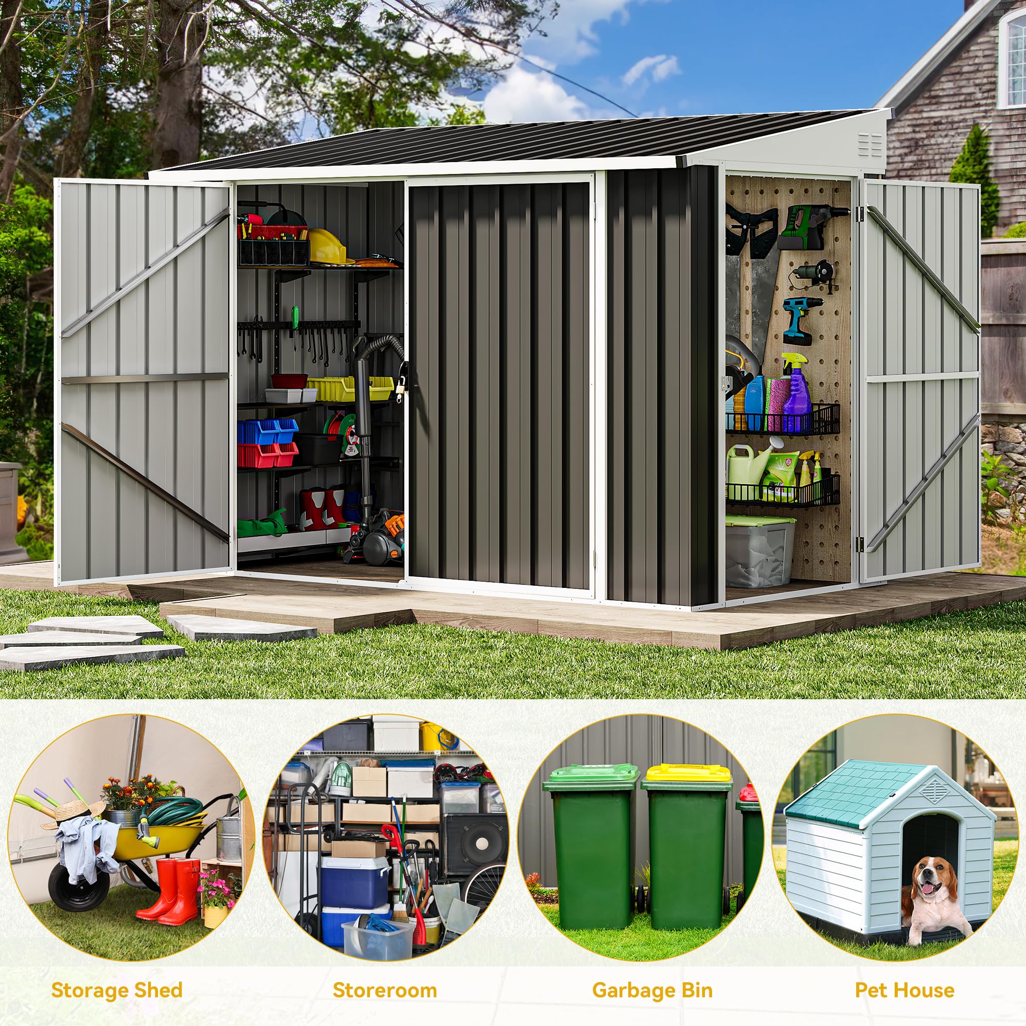 DWVO 8x4 FT Outdoor Weatherproof Storage Shed - Heavy Duty Metal Bike Shed with Lockable Door | Secure Garden Storage for Lawn Equipment, Yard Tools, Waste Bins & Outdoor Gear | Perfect for Backyard, Patio & Garage Organization (Dark Gray)
