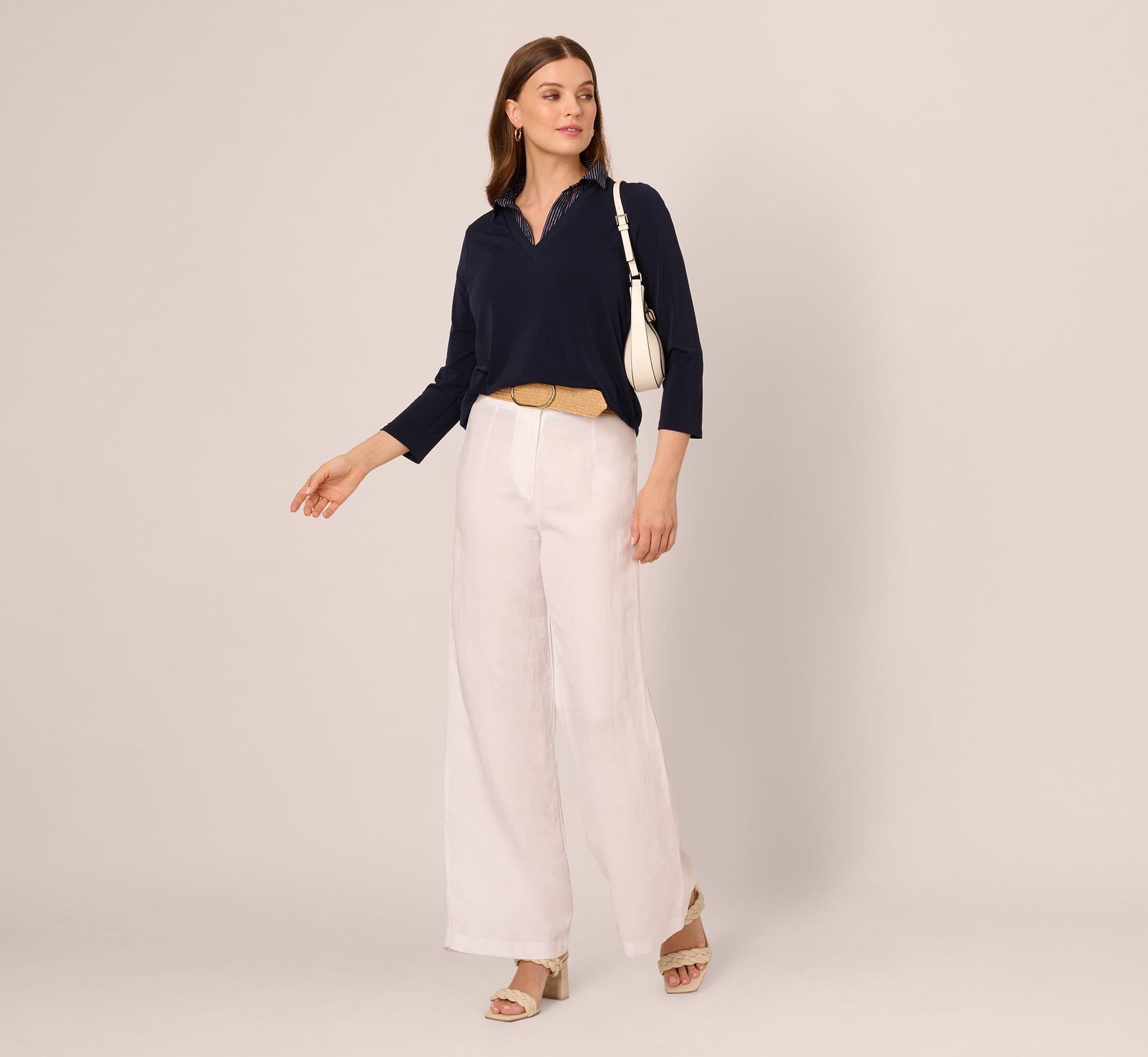 Navy & Ivory Striped Three-Quarter Sleeve Button-Down Sweater for Women | Casual Office Wear & Fall Layering Essential