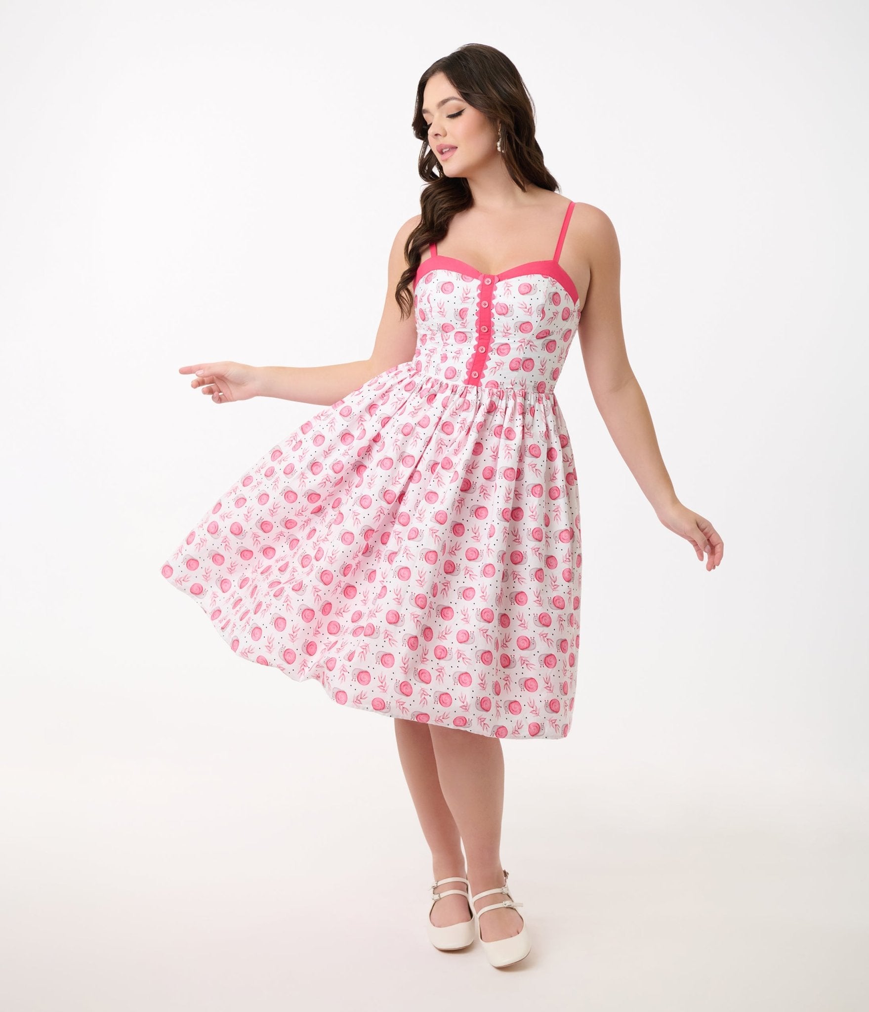 Vintage 1950s White & Pink Snail Print Cotton Swing Dress - Retro Pinup Style for Parties, Weddings & Special Occasions