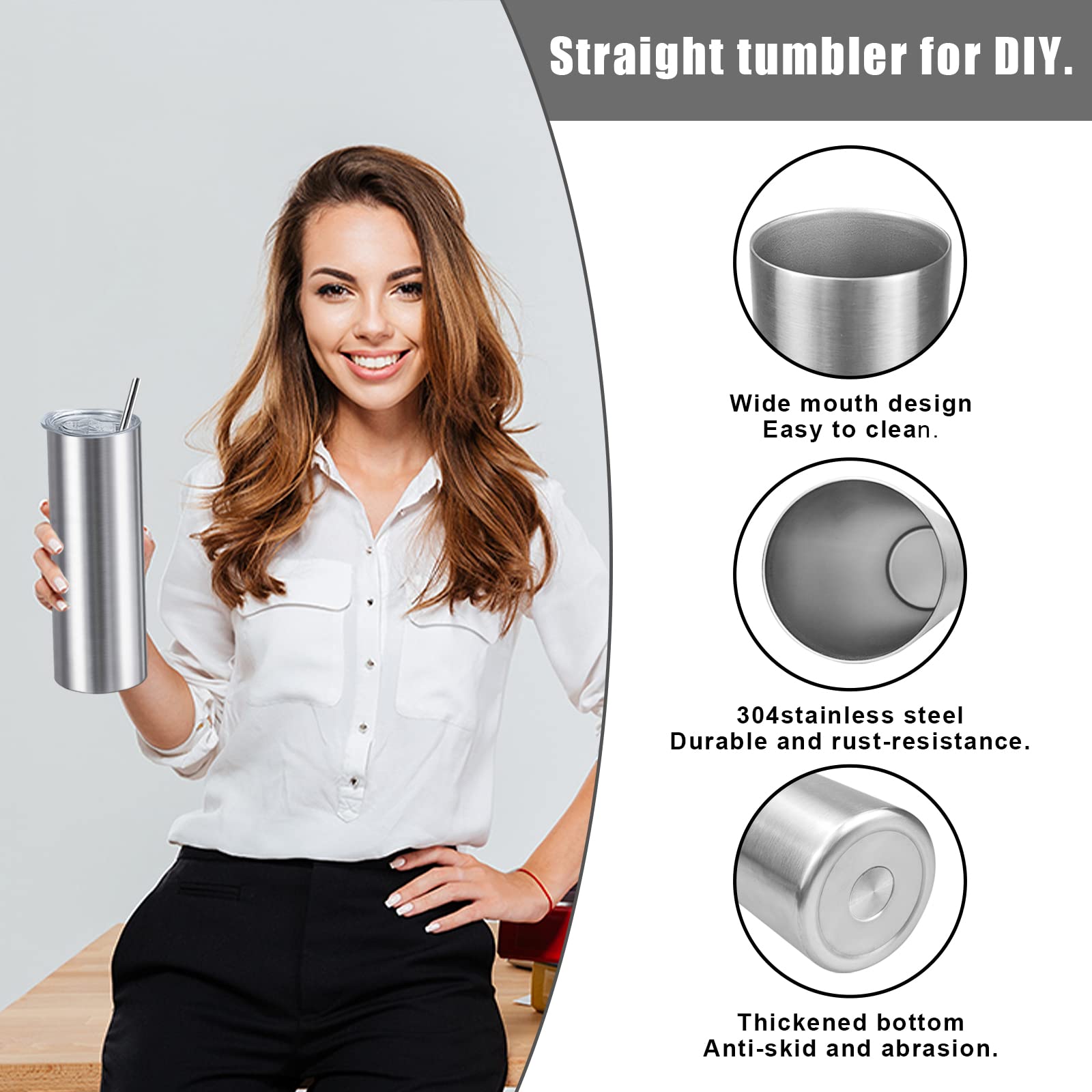20oz Straight Skinny Stainless Steel Tumblers with Straw - 8 Pack Double Wall Insulated Travel Tumbler for Coffee, Tea & Cold Drinks - Perfect DIY Gift for Men, Women & Friends (Silver) - Ideal for Office, Gym, Camping & Road Trips