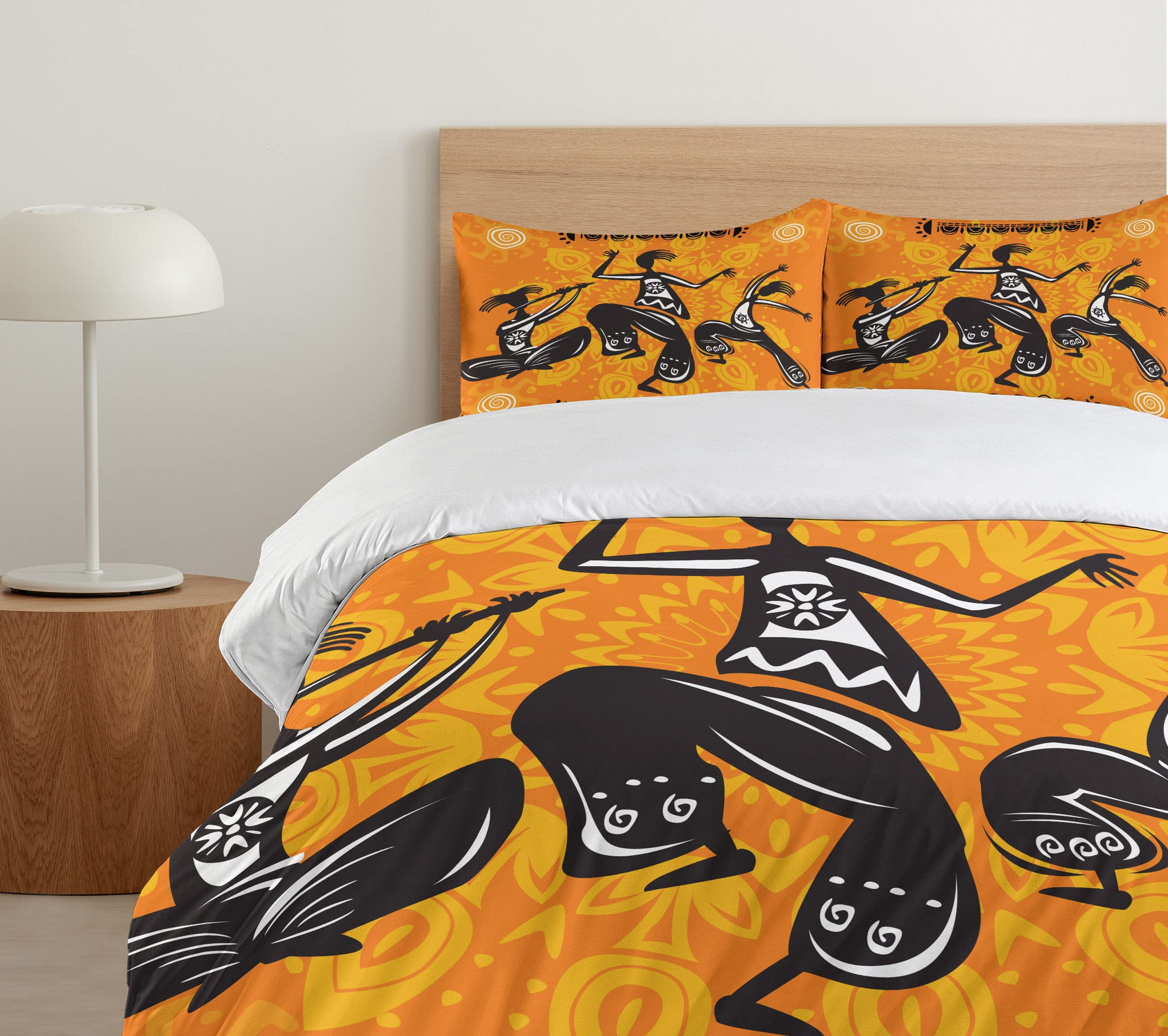 Ambesonne African Duvet Cover Set - Native Dancer with Poly Rhythm Body Articulations Design, 3-Piece King Size Bedding Set with 2 Pillow Shams in Orange & Black | Tribal Home Decor for Bedroom, Boho Chic Style, Unique Gift Idea