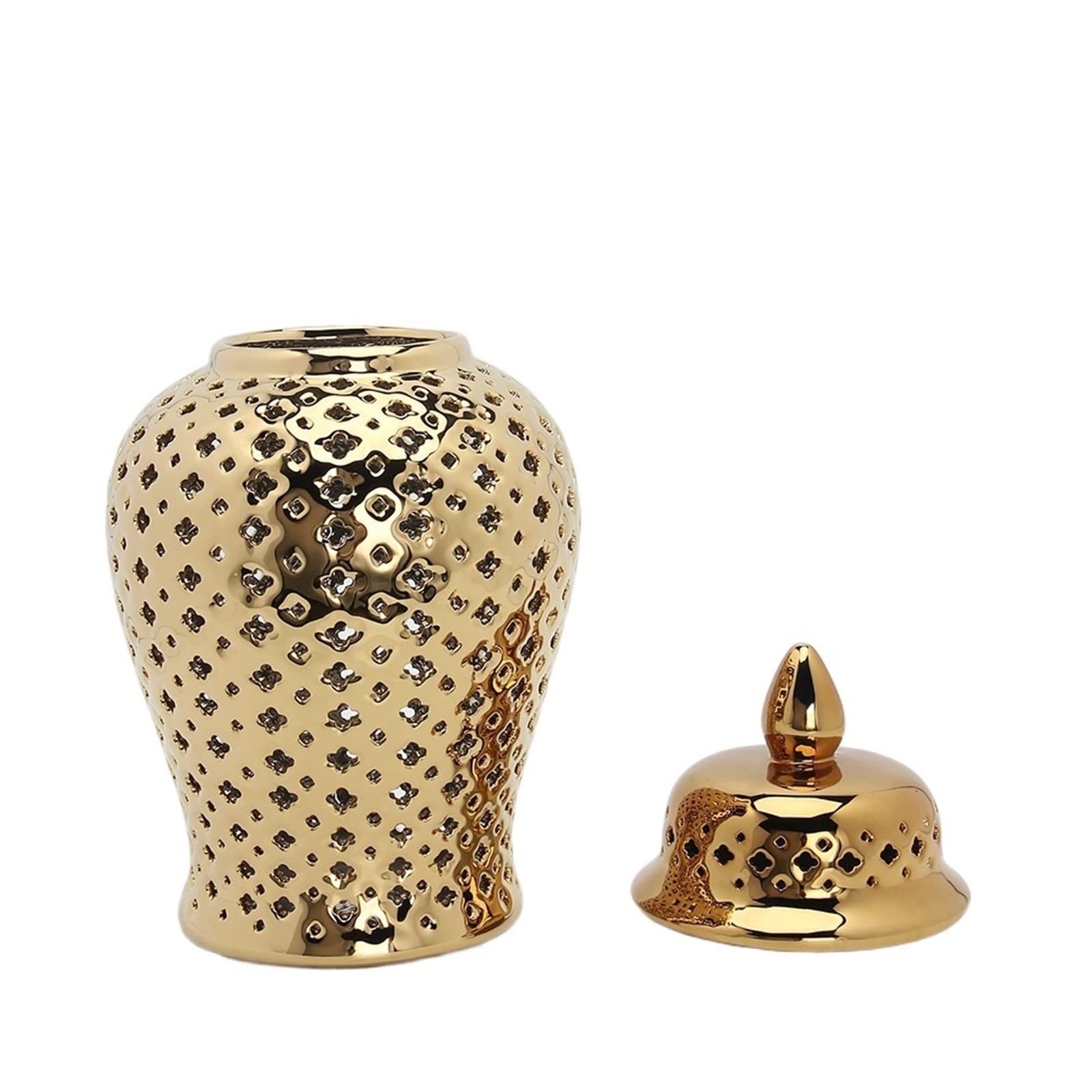 Luxury Ceramic Ginger Jar with Pierced Gold Lattice - Elegant Home Decor, Collectible Storage for Living Room, Dining Table, or Cafe - Medium Size in Gold Finish