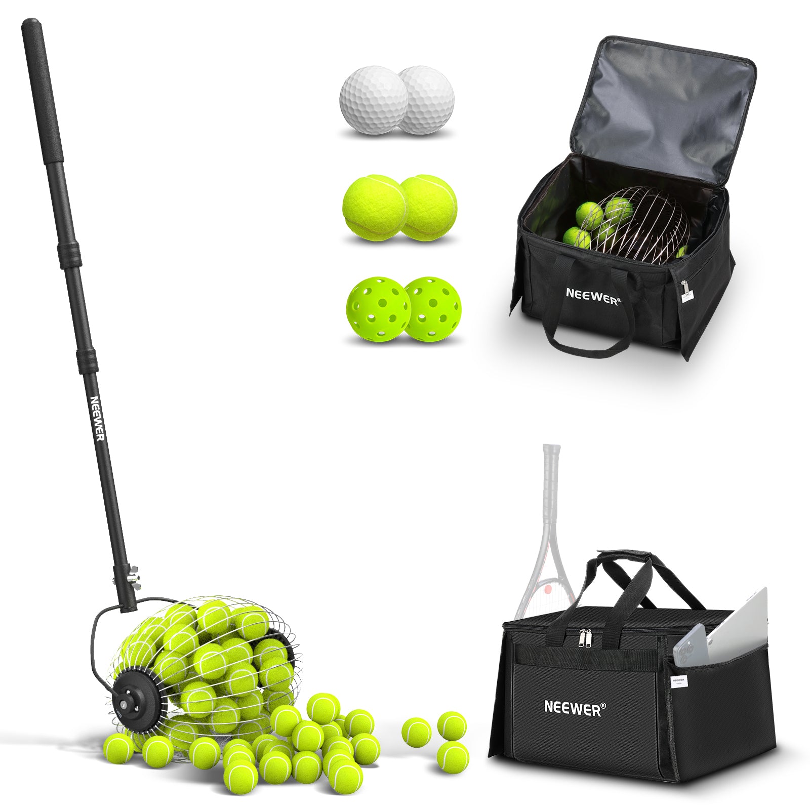 NEEWER TB01S Tennis Ball Collector Roller - Easy Pickup Tool for Tennis Practice & Training | Perfect for Coaches, Players & Court Maintenance