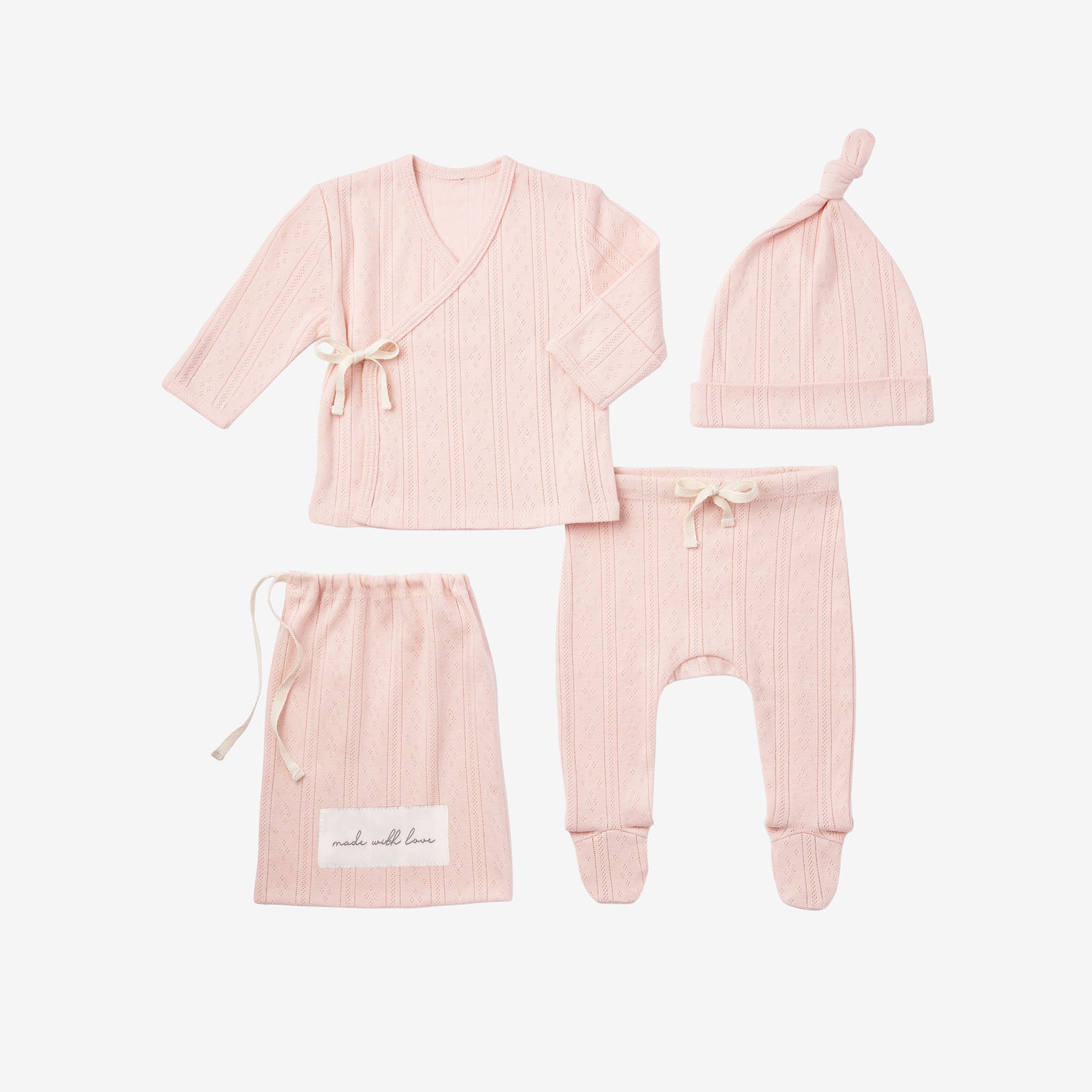 Organic Cotton Pale Pink Pointelle Baby Layette 3-Piece Gift Set - Soft & Breathable for Newborns, Infants - Perfect for Showers, Gifting & Photo Shoots