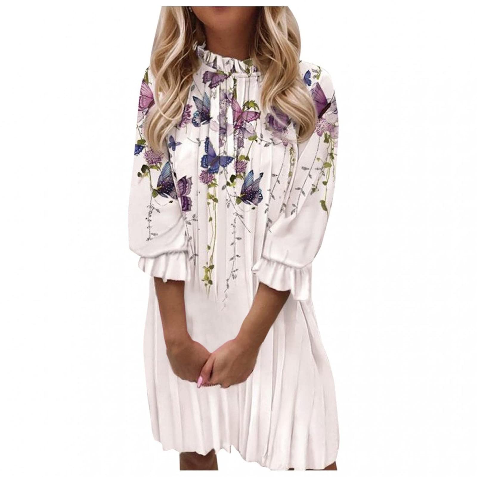TOPRenddon Women's Summer 3/4 Sleeve Mini Dress - Casual Mock Neck Pleated Sundress for Beach, Vacation & Outdoor Activities | Flowy Short Dress for Women
