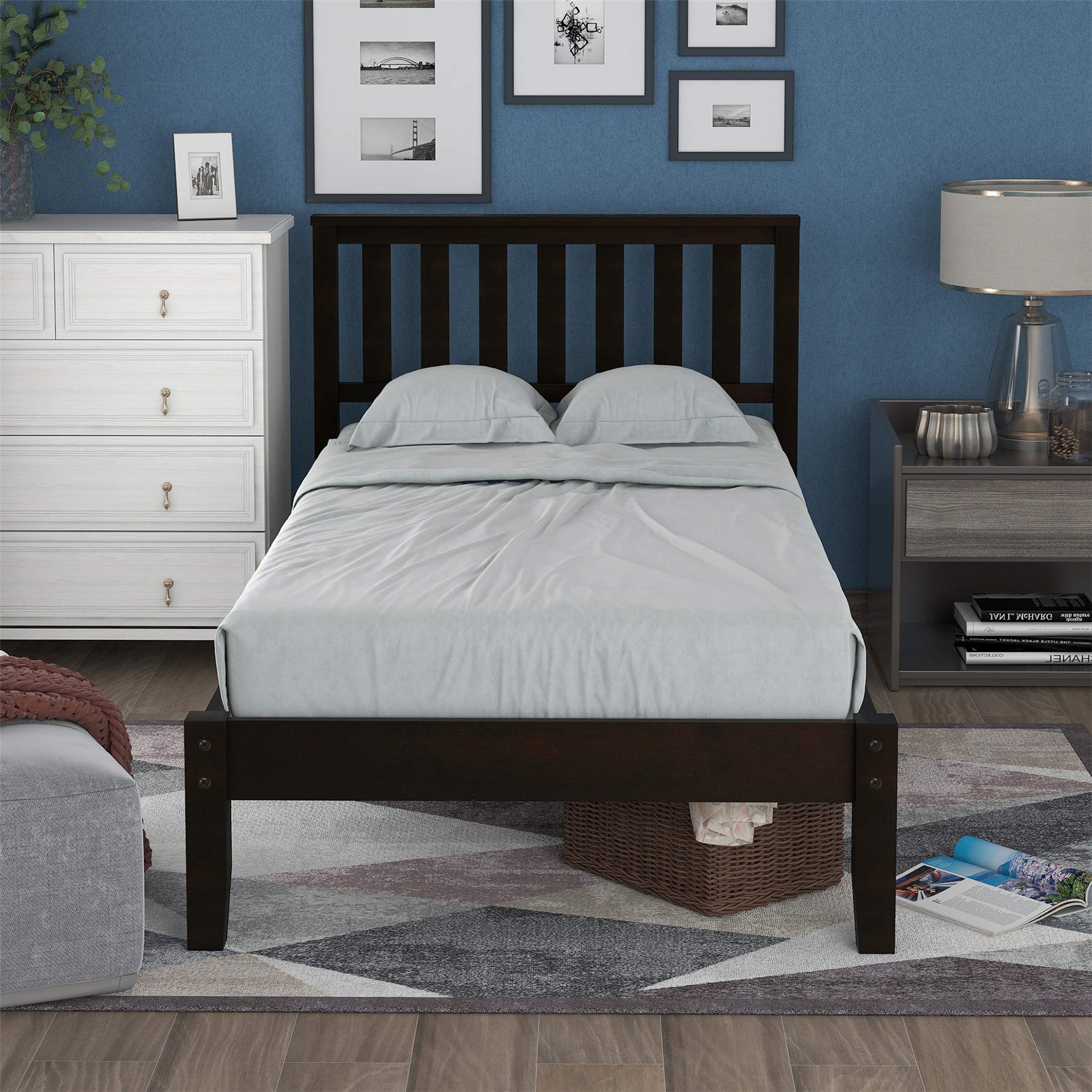 Harper & Bright Designs Twin Size Wood Bed Frame with Headboard - Sturdy Platform Bed with Wooden Slat Support in Espresso Finish - Perfect for Kids Rooms, Guest Bedrooms & Small Spaces