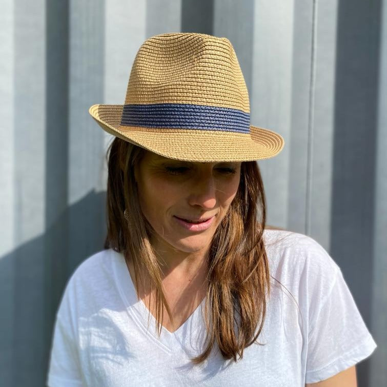 Stylish Folding Travel Trilby Sun Hat with Blue Band - UV Protection Wide Brim Hat for Beach, Hiking & Outdoor Adventures