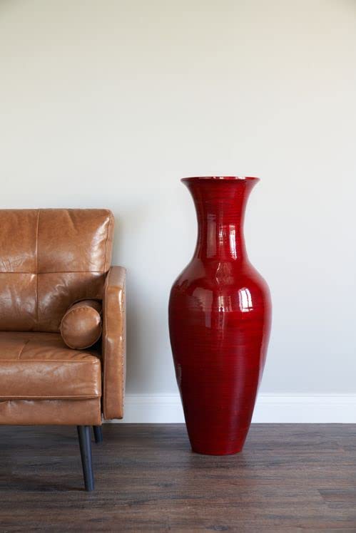 36-Inch Green Floral Classic Bamboo Floor Vase - Handmade Home Decor for Dried Flowers, Branches & Fillers | Elegant Dining Room & Living Room Centerpiece (Mahogany Red) | Perfect for Farmhouse, Boho & Modern Interior Design