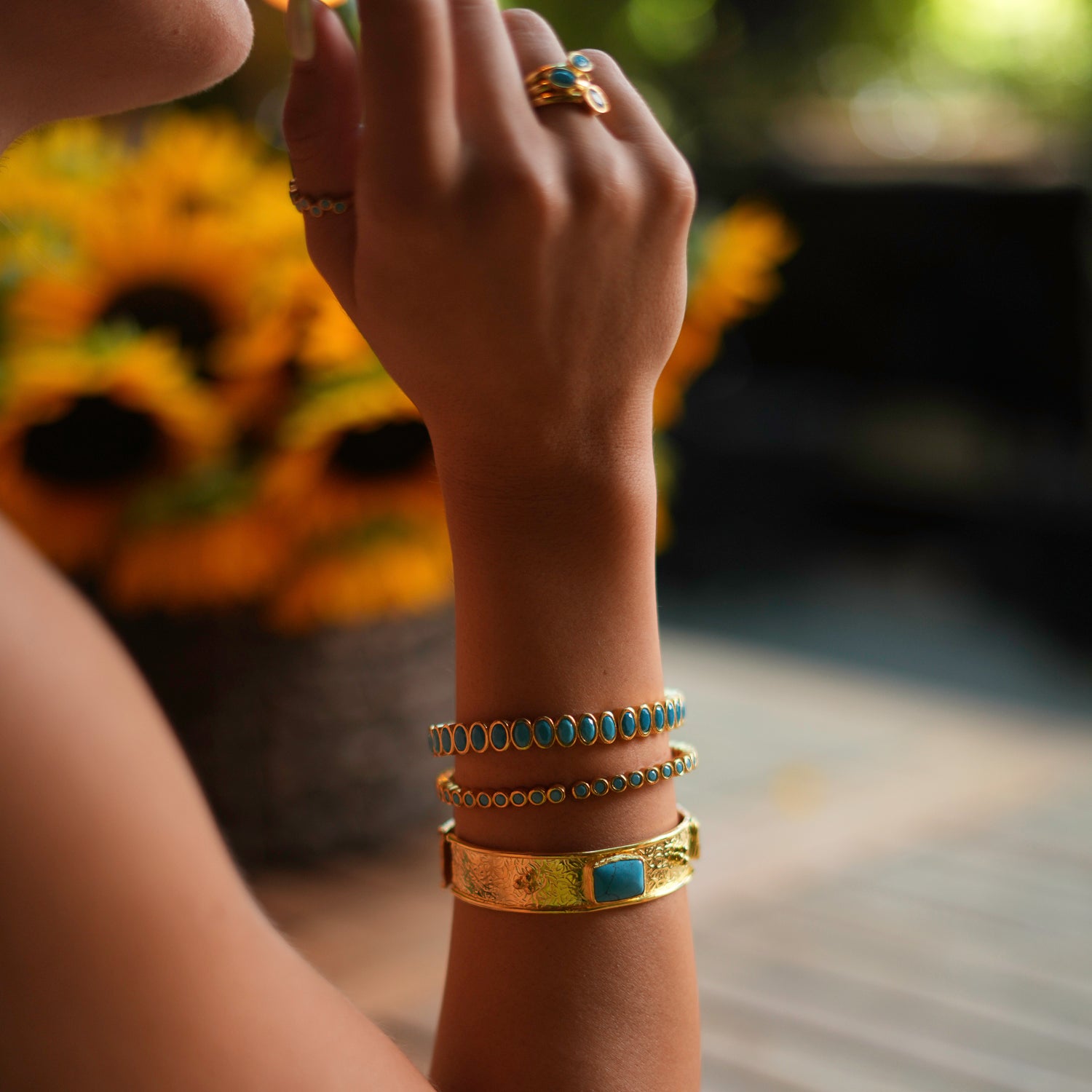 Turquoise Gemstone & Gold Dainty Bangle Bracelet for Women - Elegant Boho Jewelry Gift for Birthday, Anniversary & Special Occasions