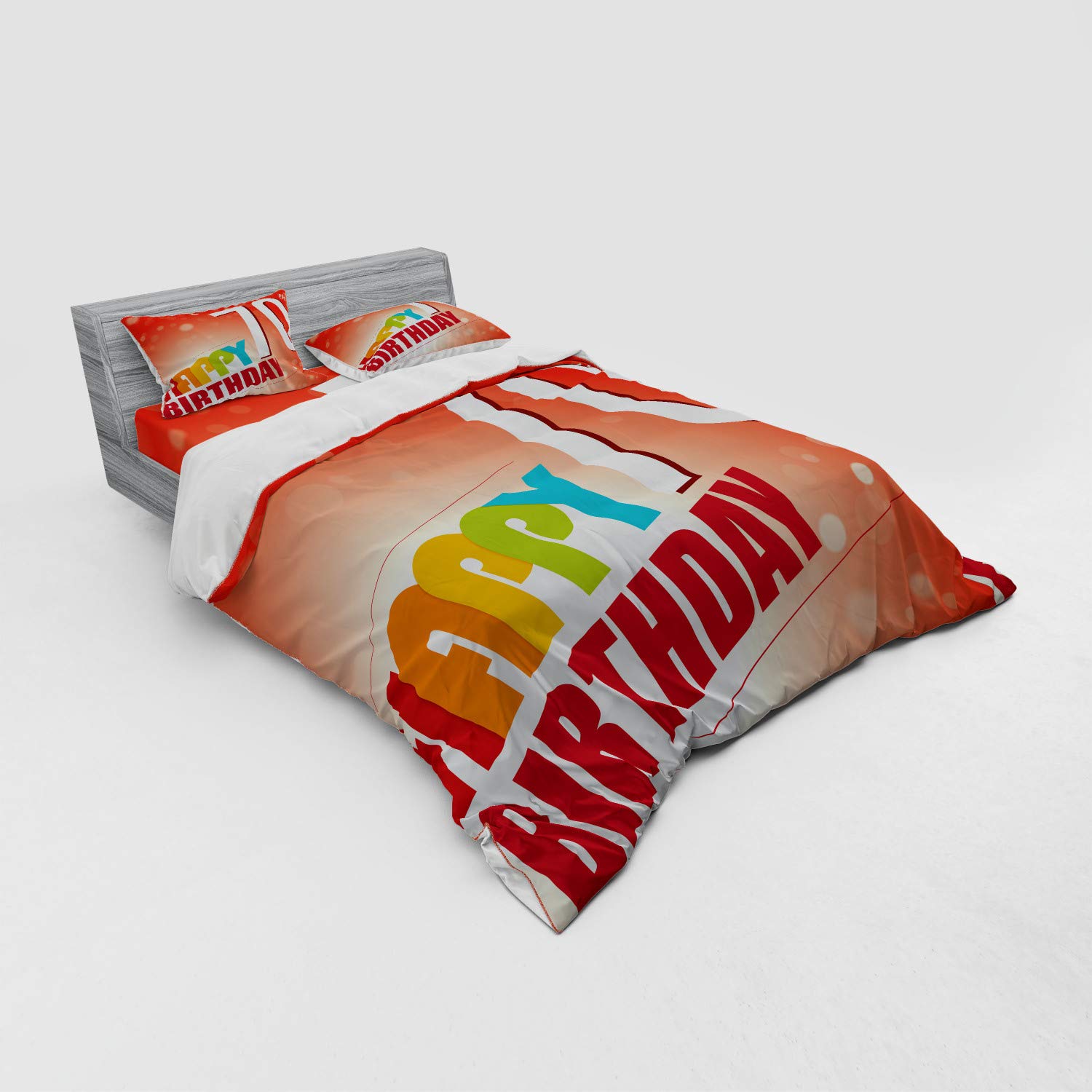 Ambesonne 70th Birthday Bedding Set - Vibrant Abstract Print Duvet Cover with Birthday Wishes, 4-Piece Queen Size Set Includes Shams & Fitted Sheet in Red & Orange - Perfect for Birthday Parties & Guest Room Decor