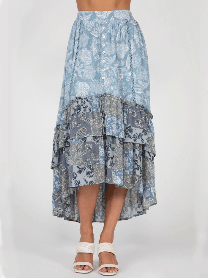Miss Me MS0133L Women's Long Tiered Ruffled Floral Skirt - Blue Floral Print Maxi Skirt for Spring & Summer, Beach Vacations & Boho Outfits