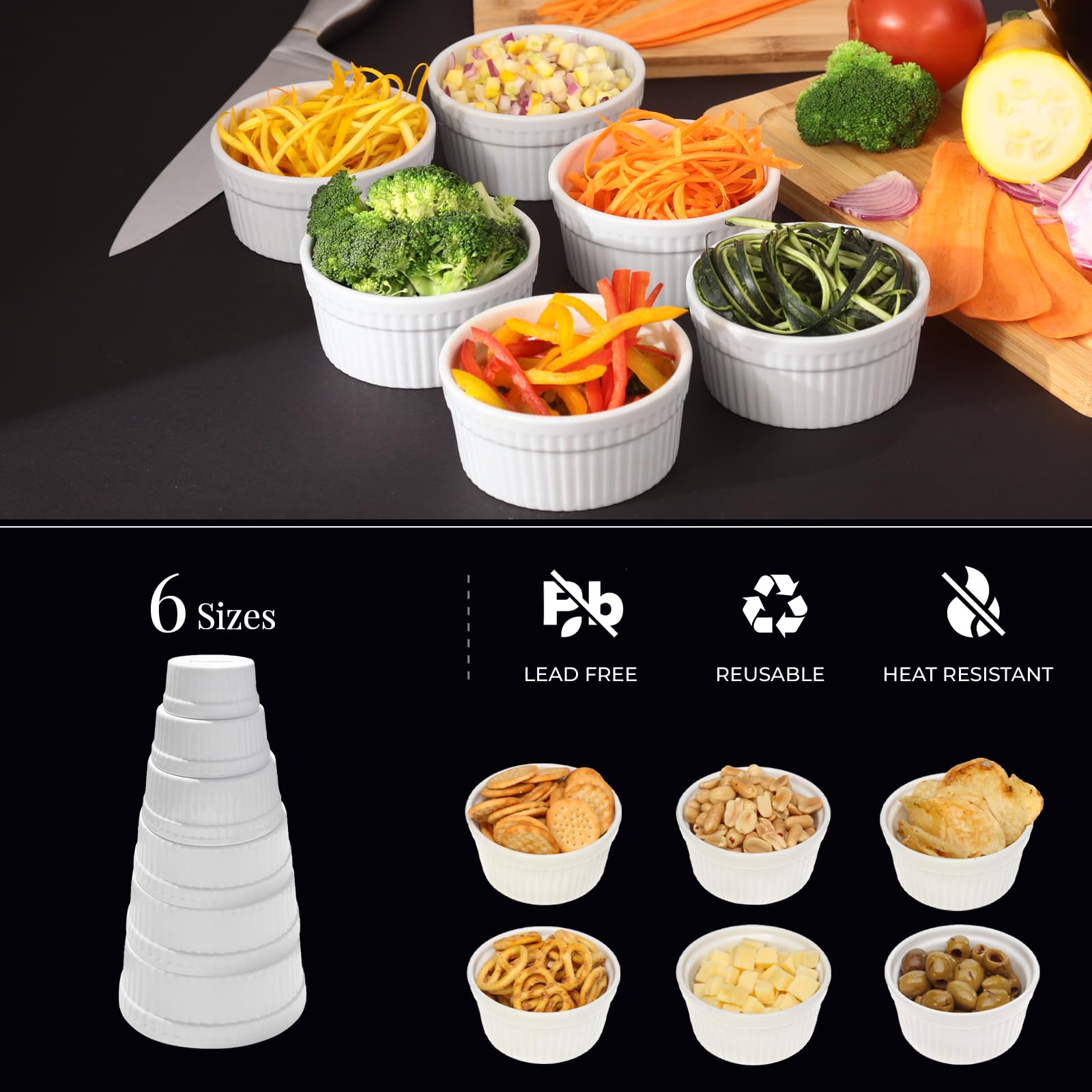 6-Piece Ceramic Ramekin Set - Non-Toxic White Porcelain Baking Cups (4 oz) - Oven & Dishwasher Safe for Desserts, Dips & Snacks - Perfect for Crème Brûlée, Soufflés & Party Appetizers