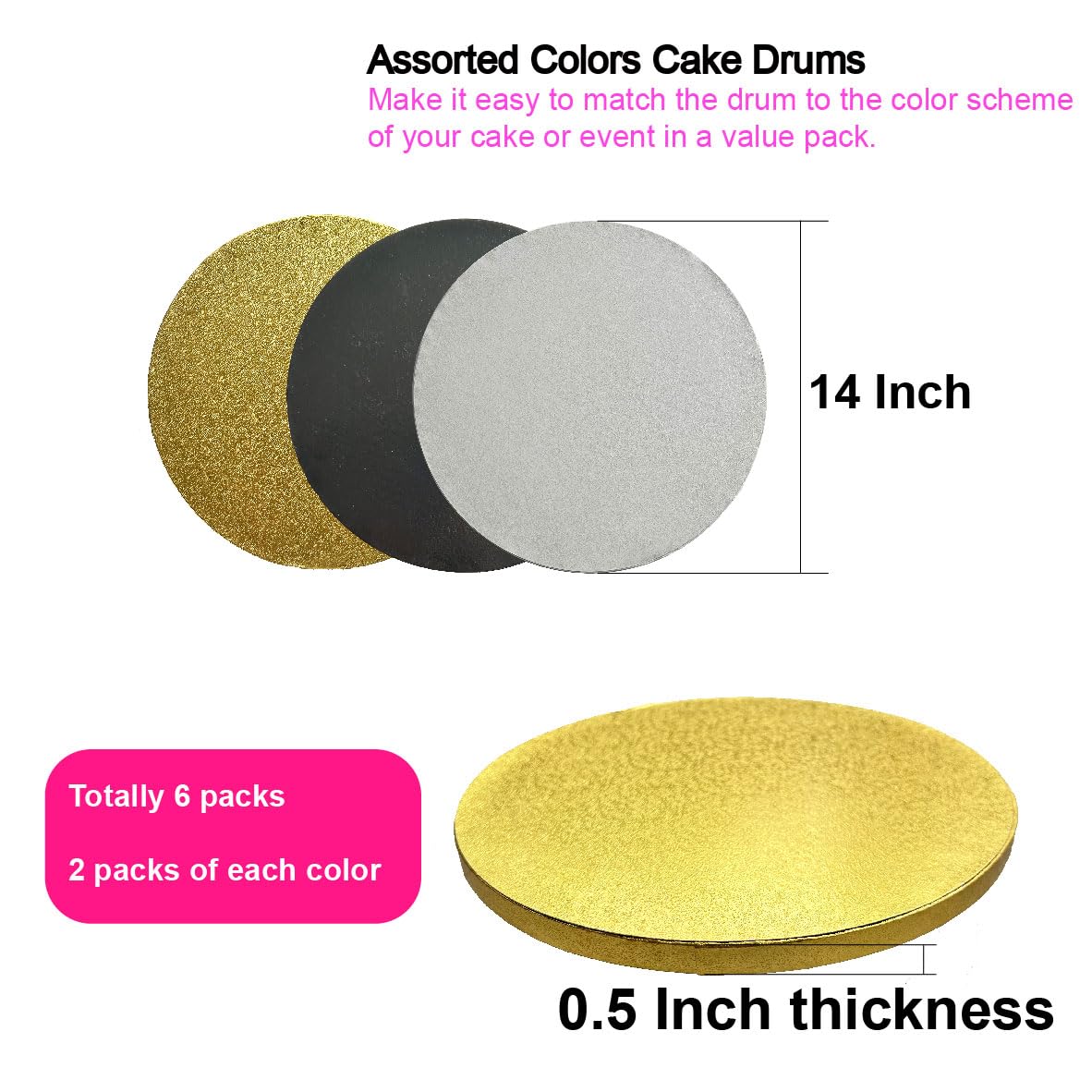 14 Inch Round Cake Drums - 6 Pack Greaseproof Cardboard Cake Boards in Gold, Black & White - Sturdy Base for Heavy/Tall Tiered Cakes - Perfect for Wedding, Birthday & Professional Baking Displays